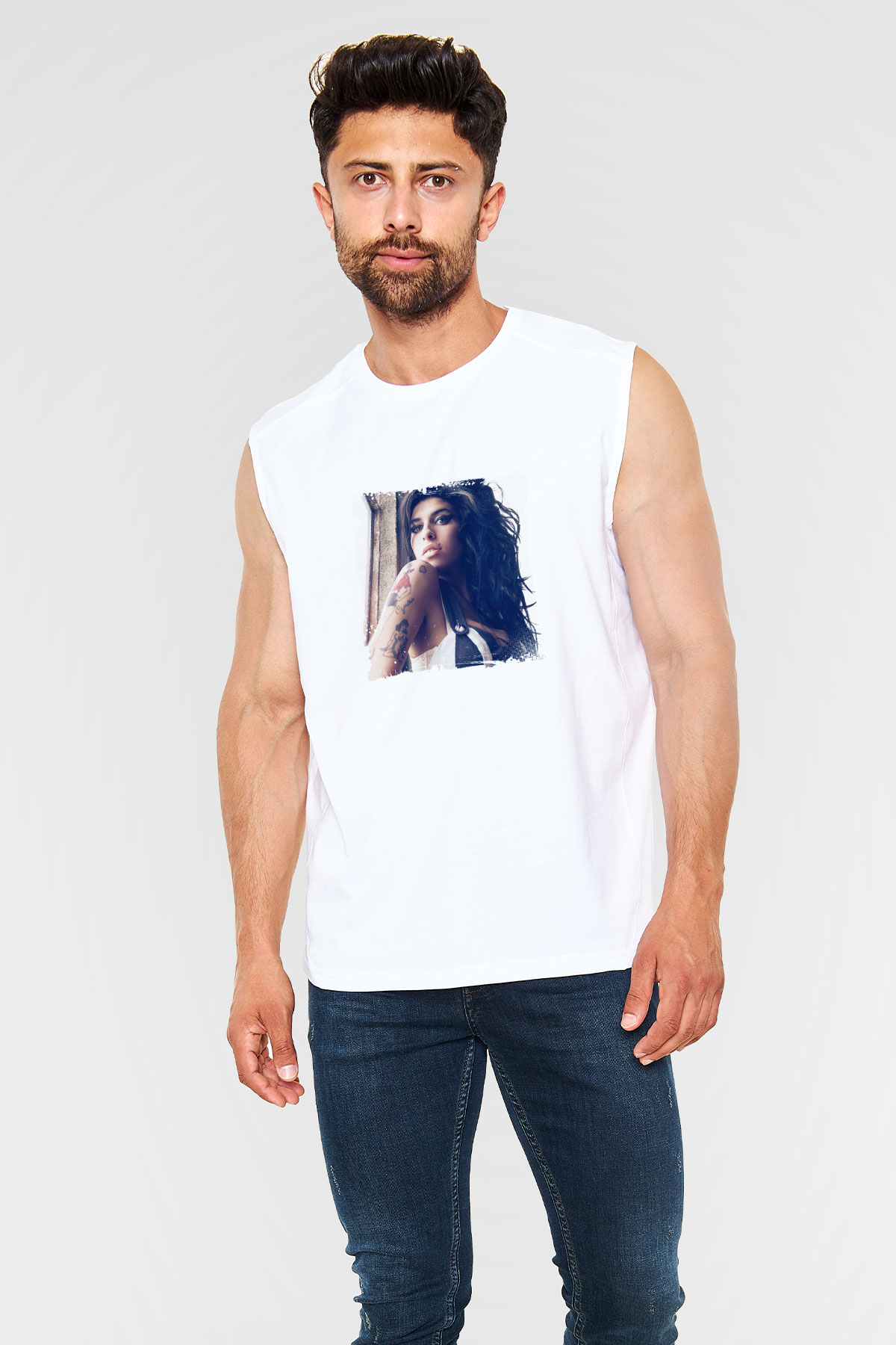 Amy Winehouse Baskılı Unisex Beyaz Kolsuz Tişört