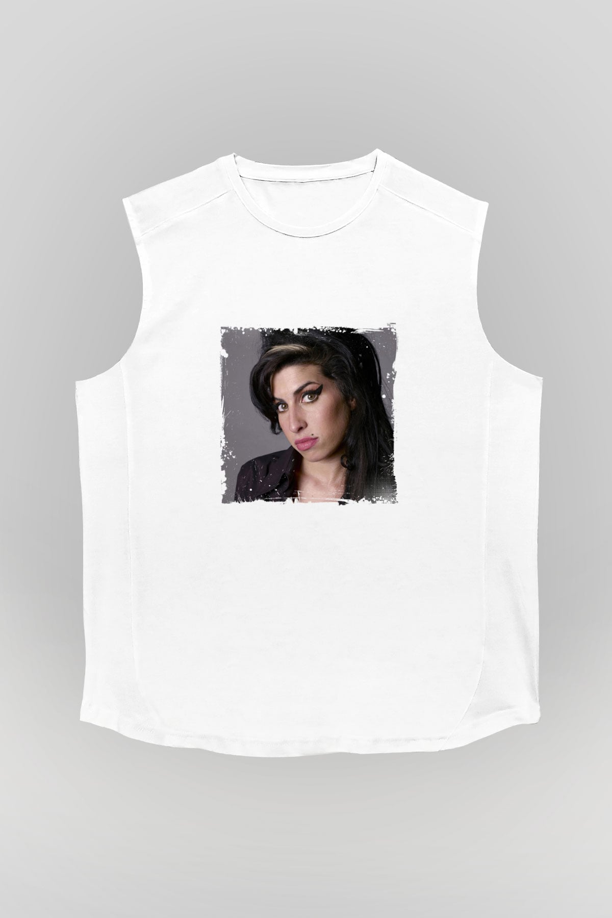Amy Winehouse Baskılı Unisex Beyaz Kolsuz Tişört