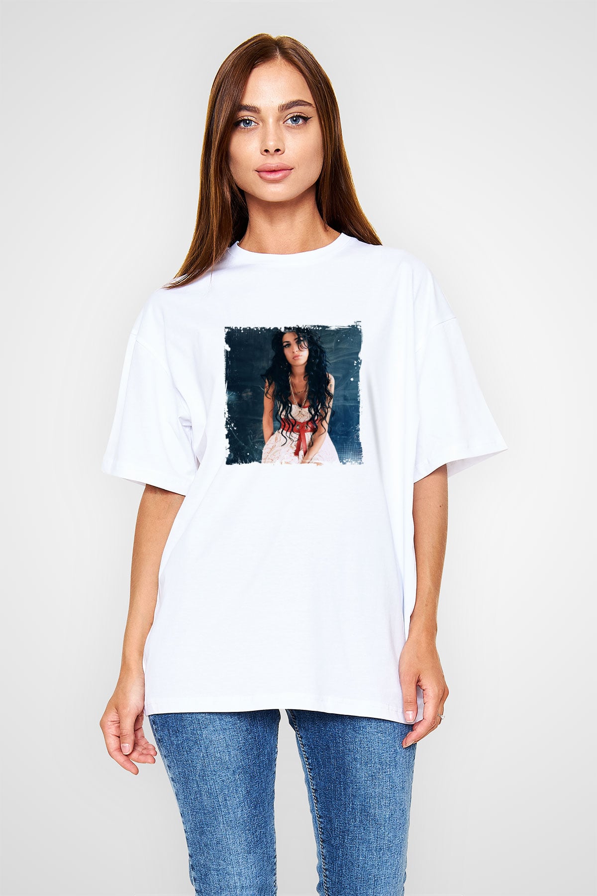 Amy Winehouse Baskılı Unisex Beyaz Tişört