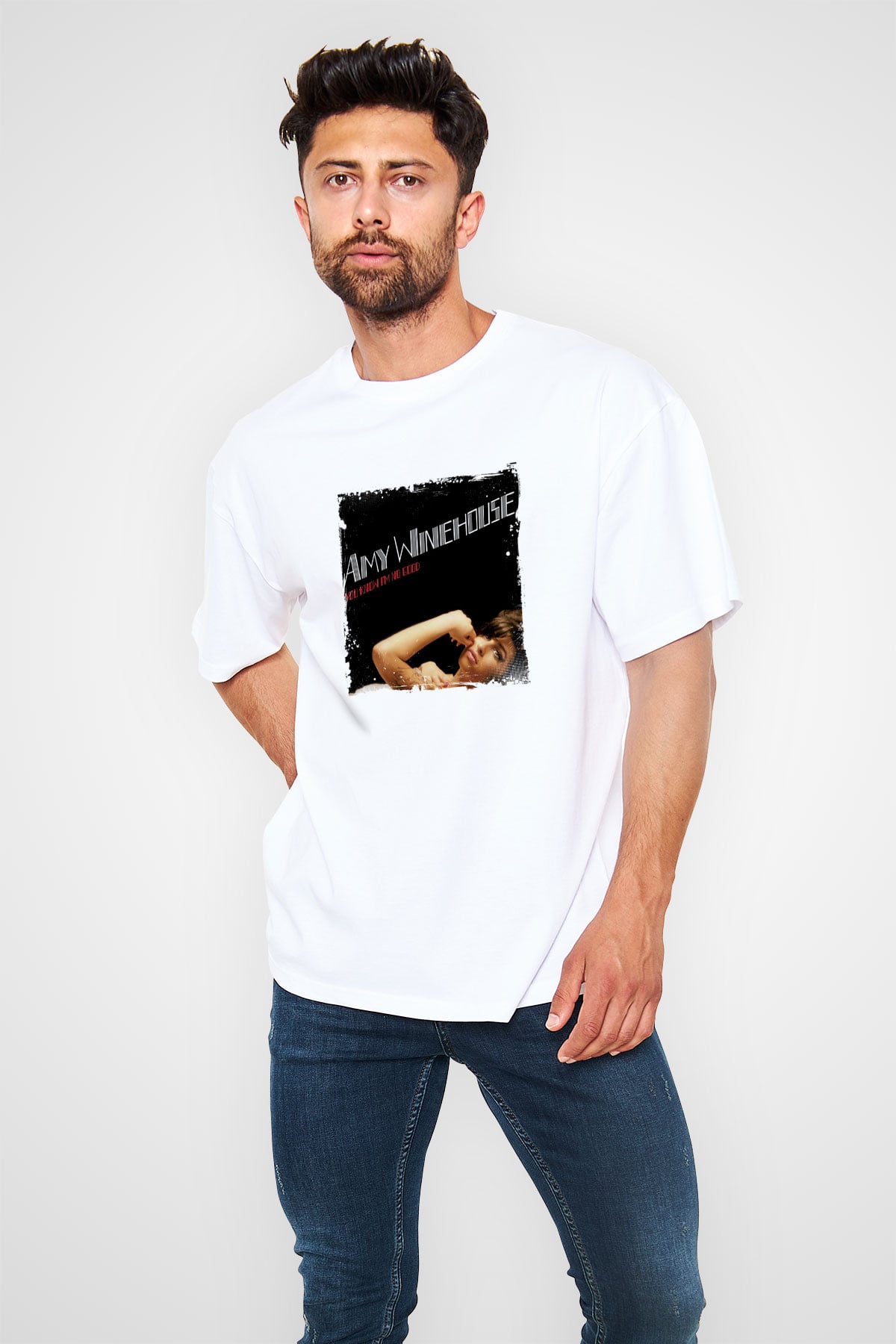 Amy Winehouse Baskılı Unisex Beyaz Tişört