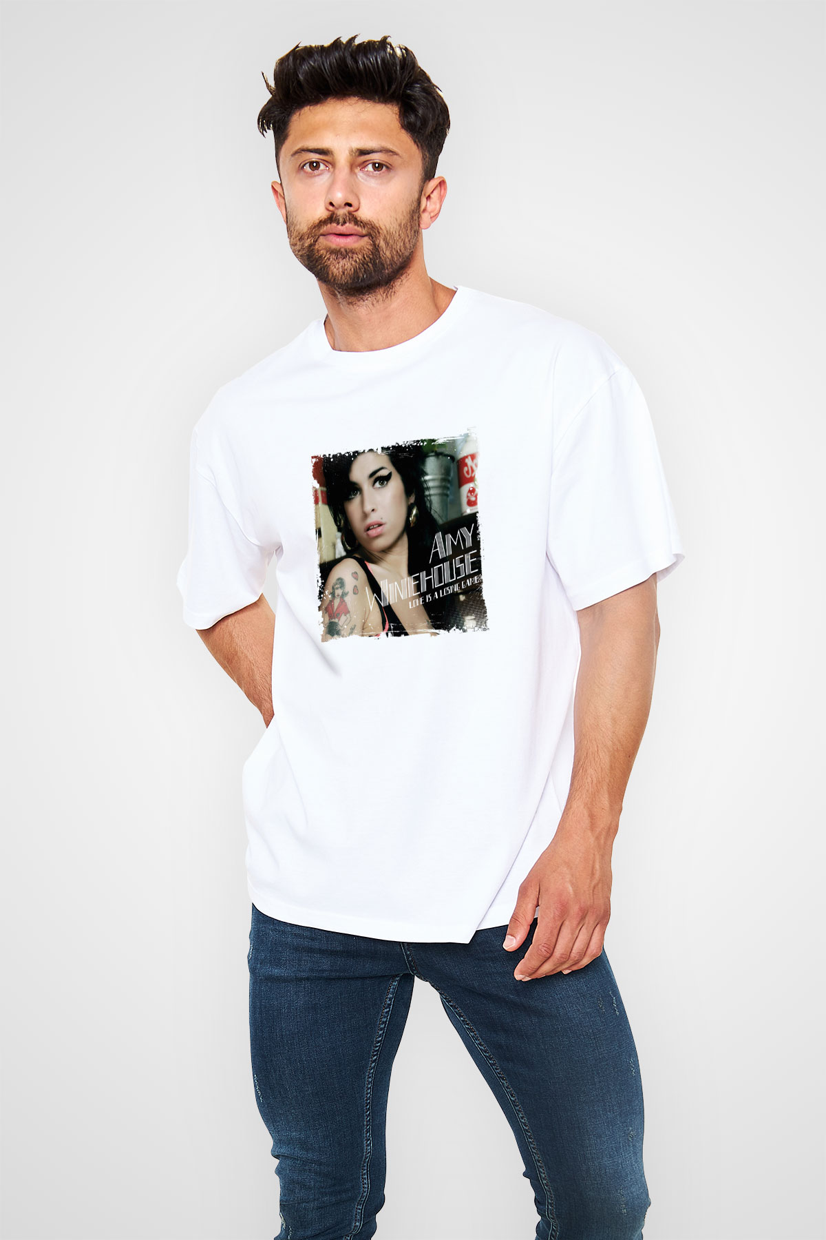 Amy Winehouse Baskılı Unisex Beyaz Tişört