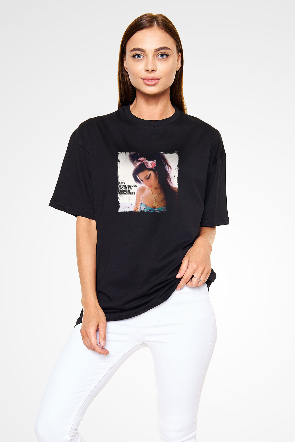 Amy Winehouse Baskılı Unisex Oversize Siyah Tişört