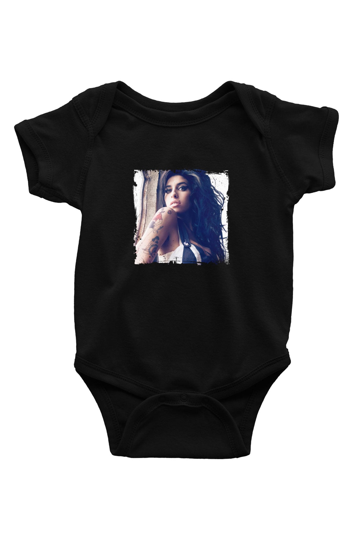 Amy Winehouse Baskılı Unisex Siyah Bebek Body - Zıbın