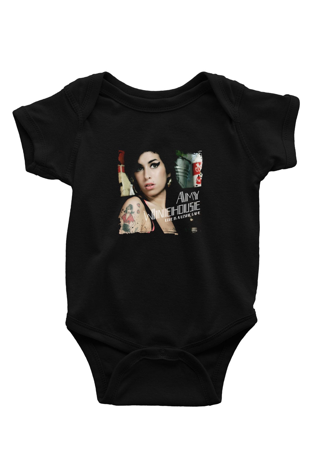 Amy Winehouse Baskılı Unisex Siyah Bebek Body - Zıbın