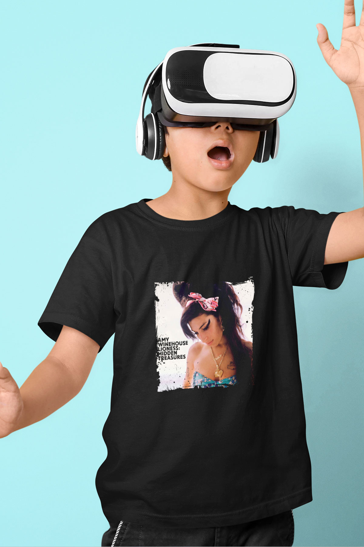 Amy Winehouse Baskılı Unisex Siyah Çocuk Tişört