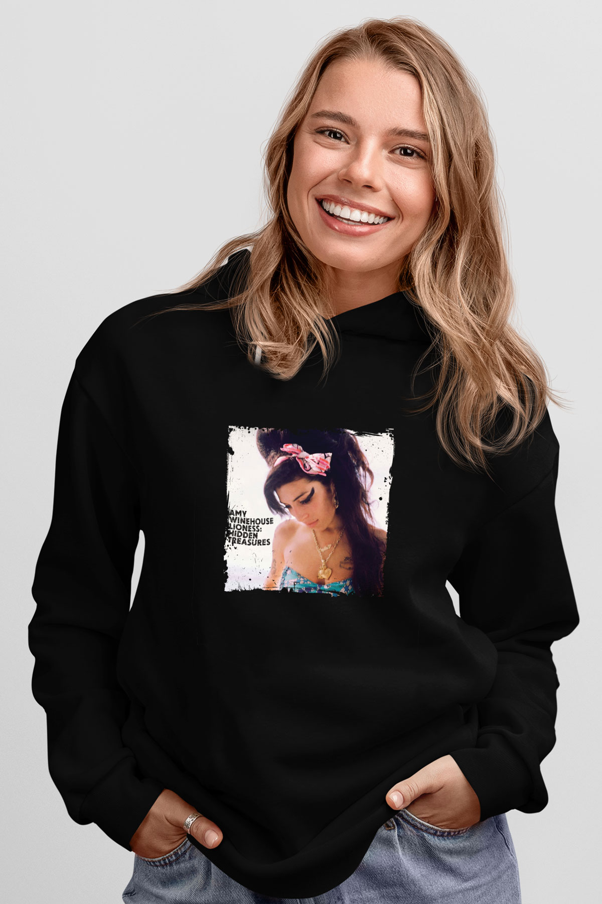 Amy Winehouse Baskılı Unisex Siyah Hoodie