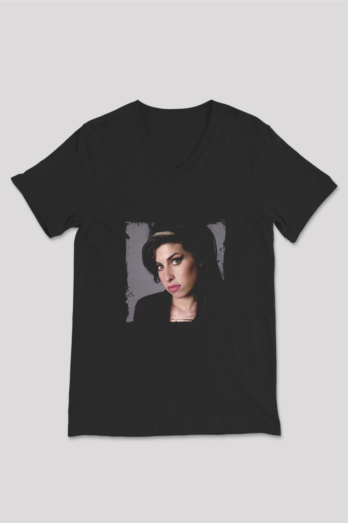 Amy Winehouse Baskılı Unisex Siyah V Yaka Tişört