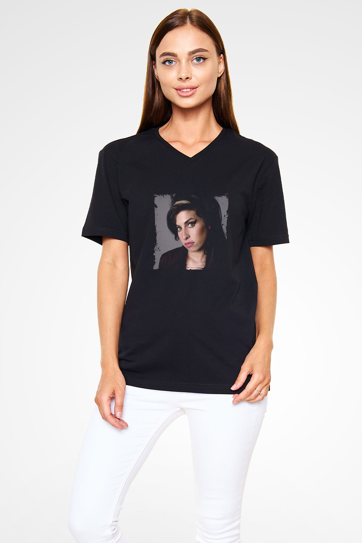Amy Winehouse Baskılı Unisex Siyah V Yaka Tişört