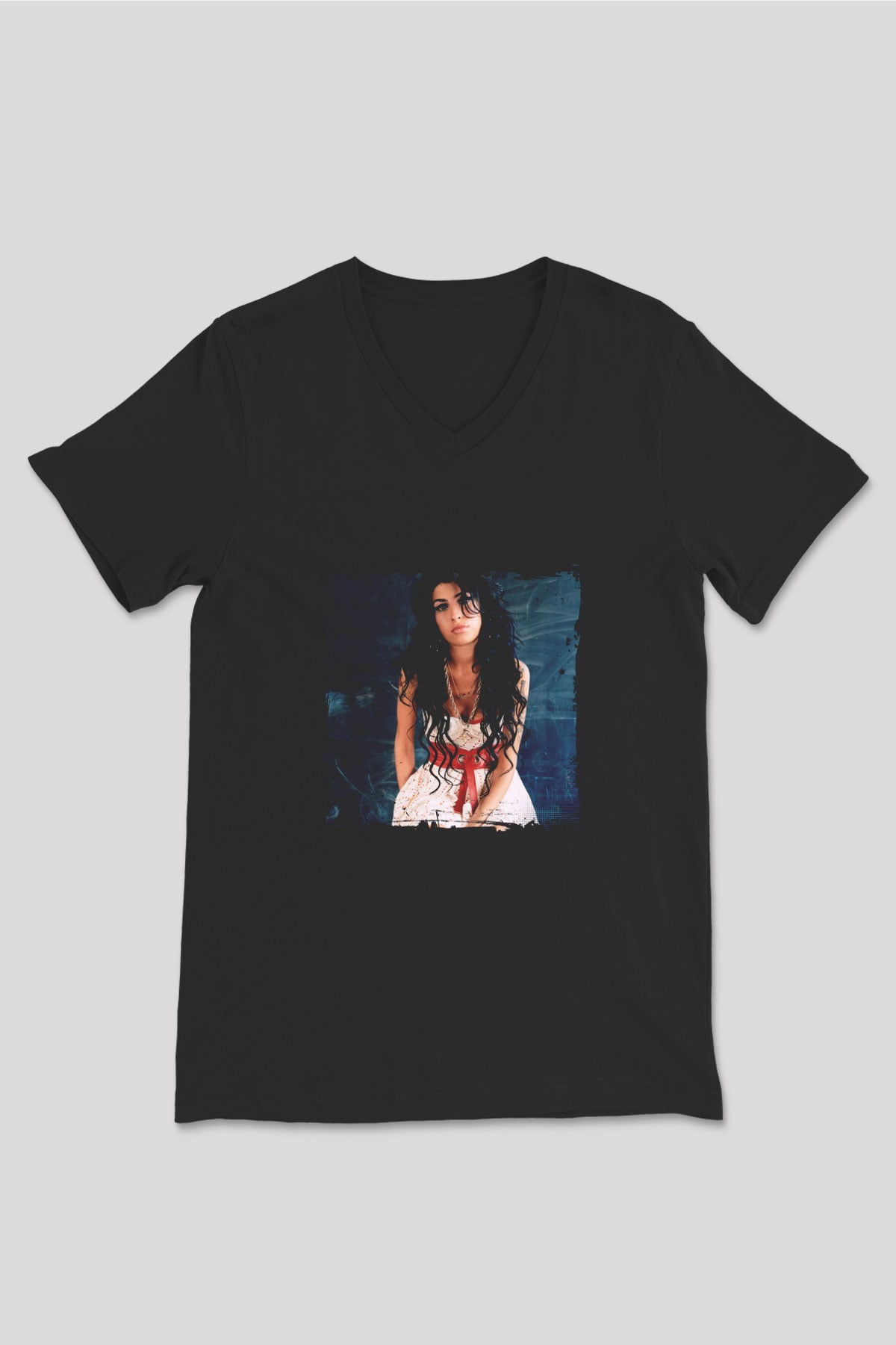 Amy Winehouse Baskılı Unisex Siyah V Yaka Tişört