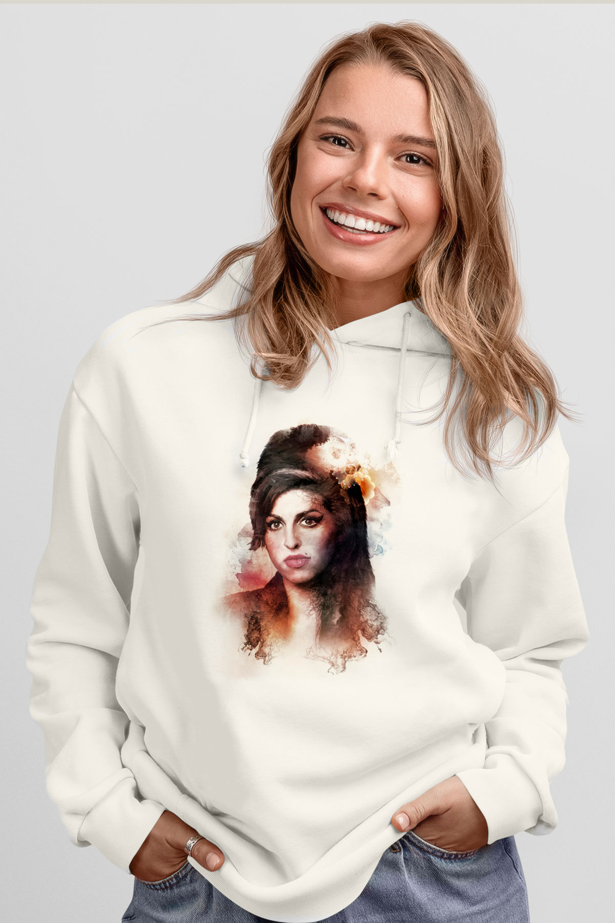 Amy Winehouse Beyaz Unisex Kapşonlu Sweatshirt