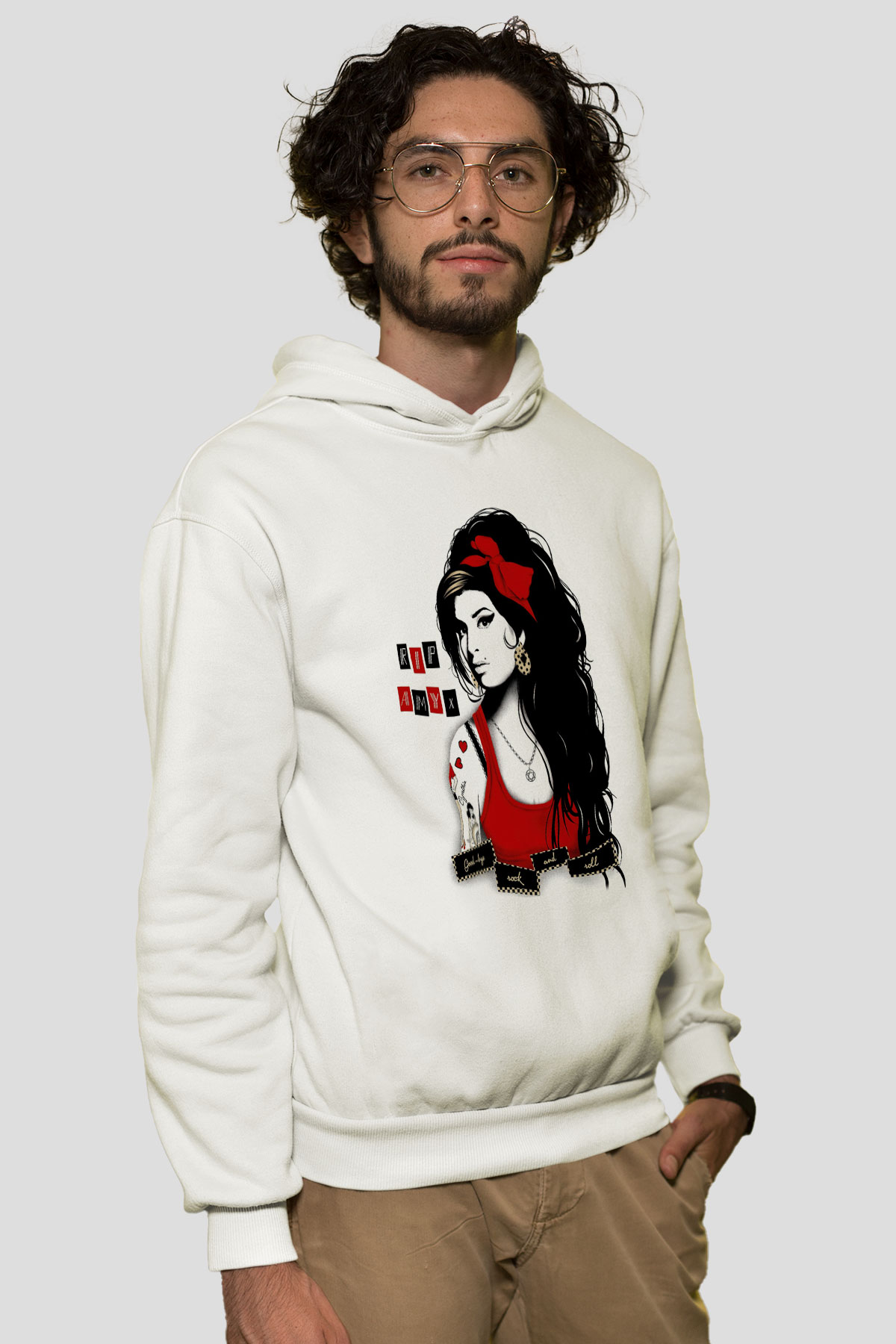 Amy Winehouse Beyaz Unisex Kapşonlu Sweatshirt