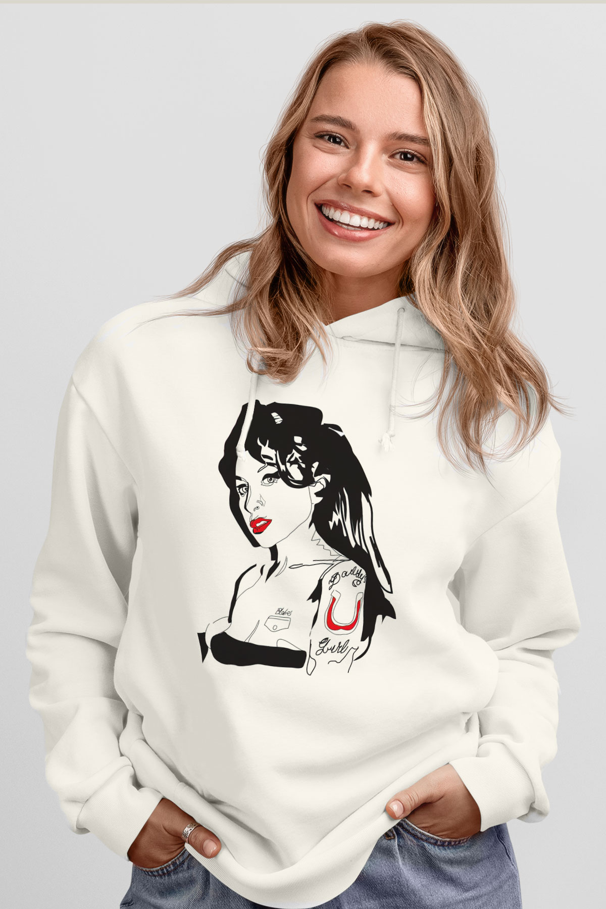 Amy Winehouse Beyaz Unisex Kapüşonlu Sweatshirt