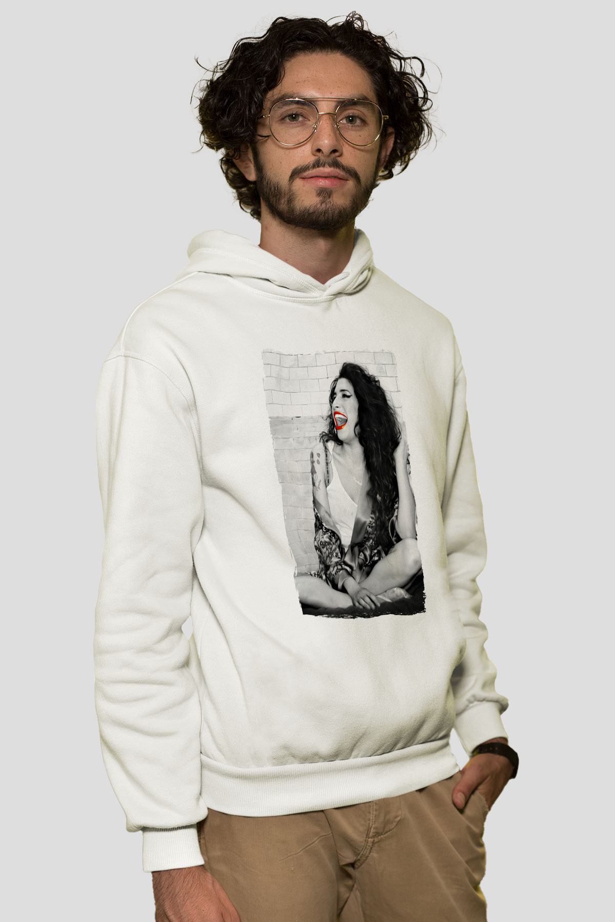 Amy Winehouse Beyaz Unisex Kapüşonlu Sweatshirt