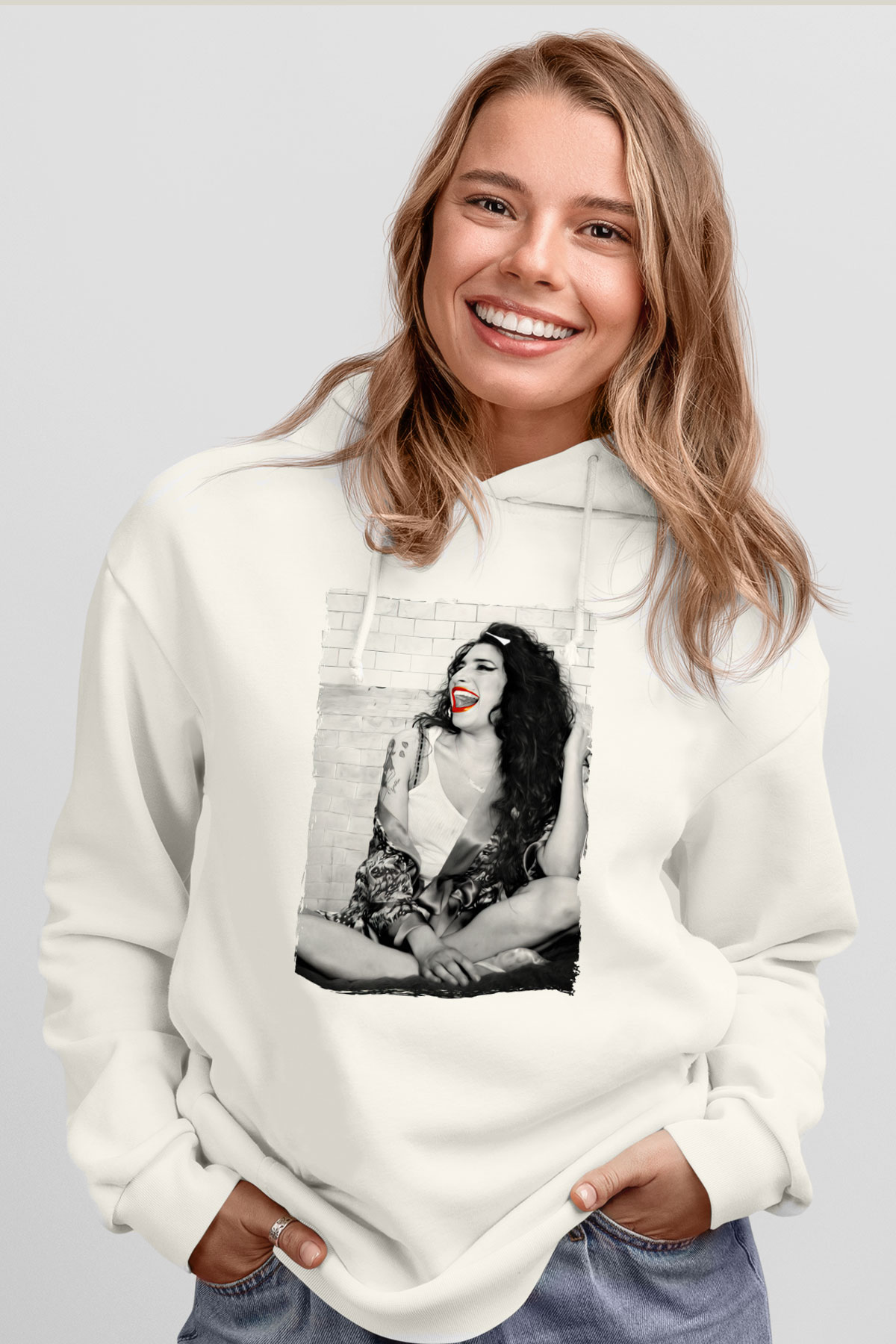 Amy Winehouse Beyaz Unisex Kapüşonlu Sweatshirt