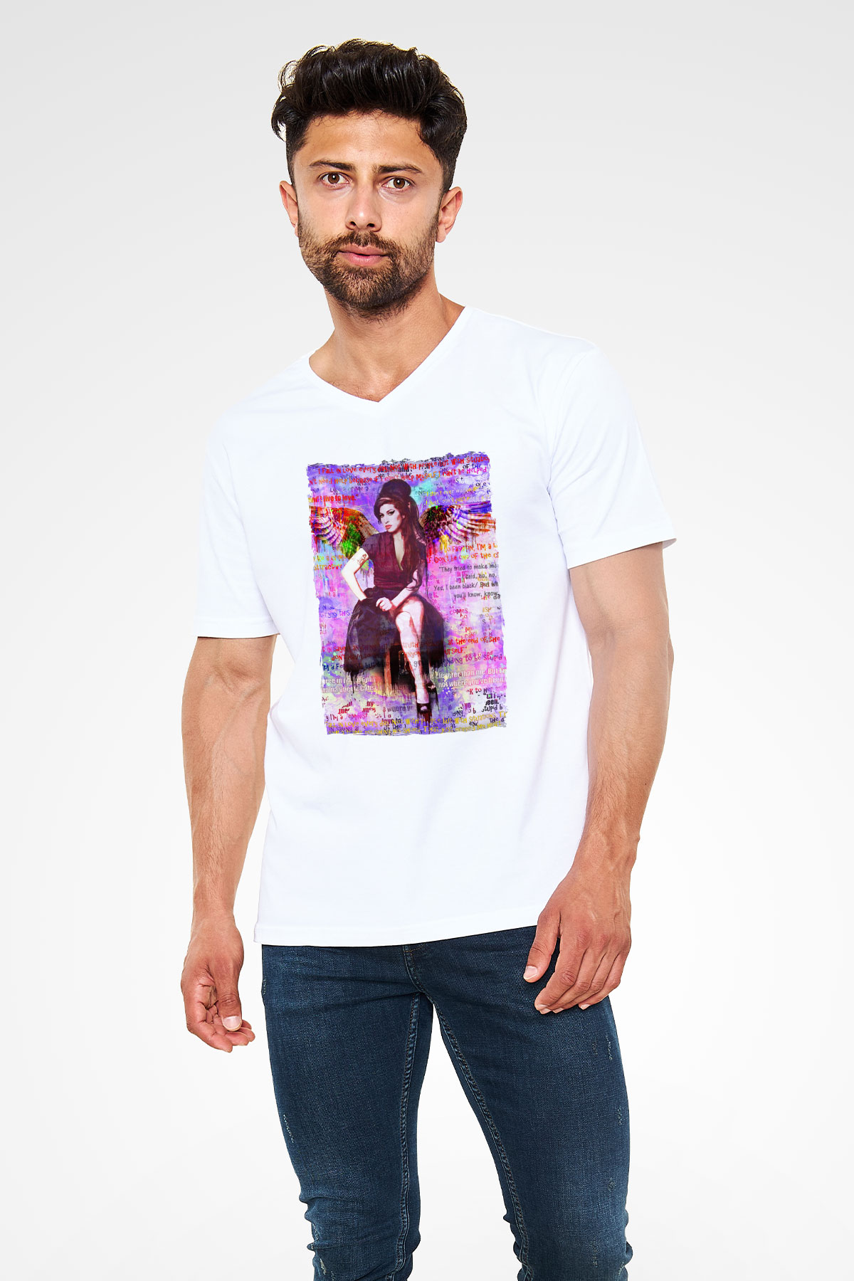 Amy Winehouse Beyaz Unisex V Yaka Tişört