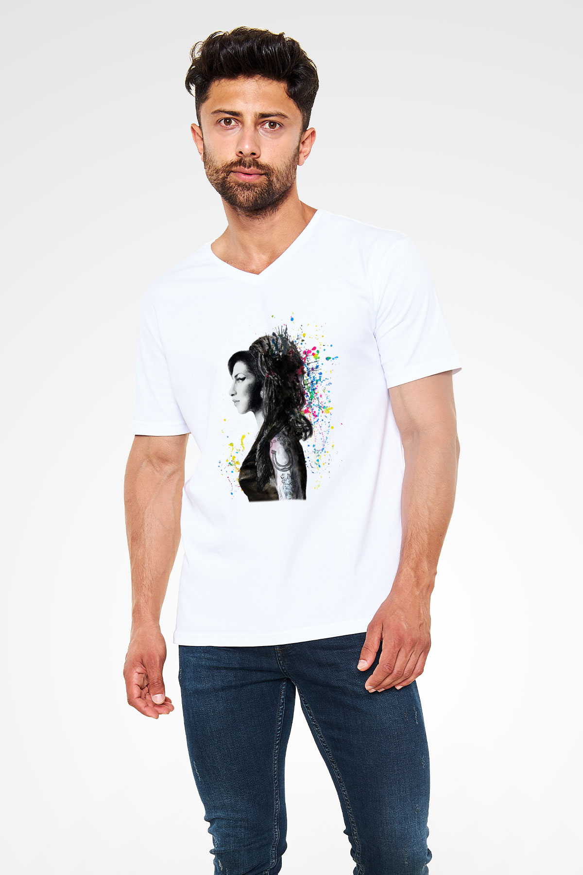 Amy Winehouse Beyaz Unisex V Yaka Tişört T-Shirt