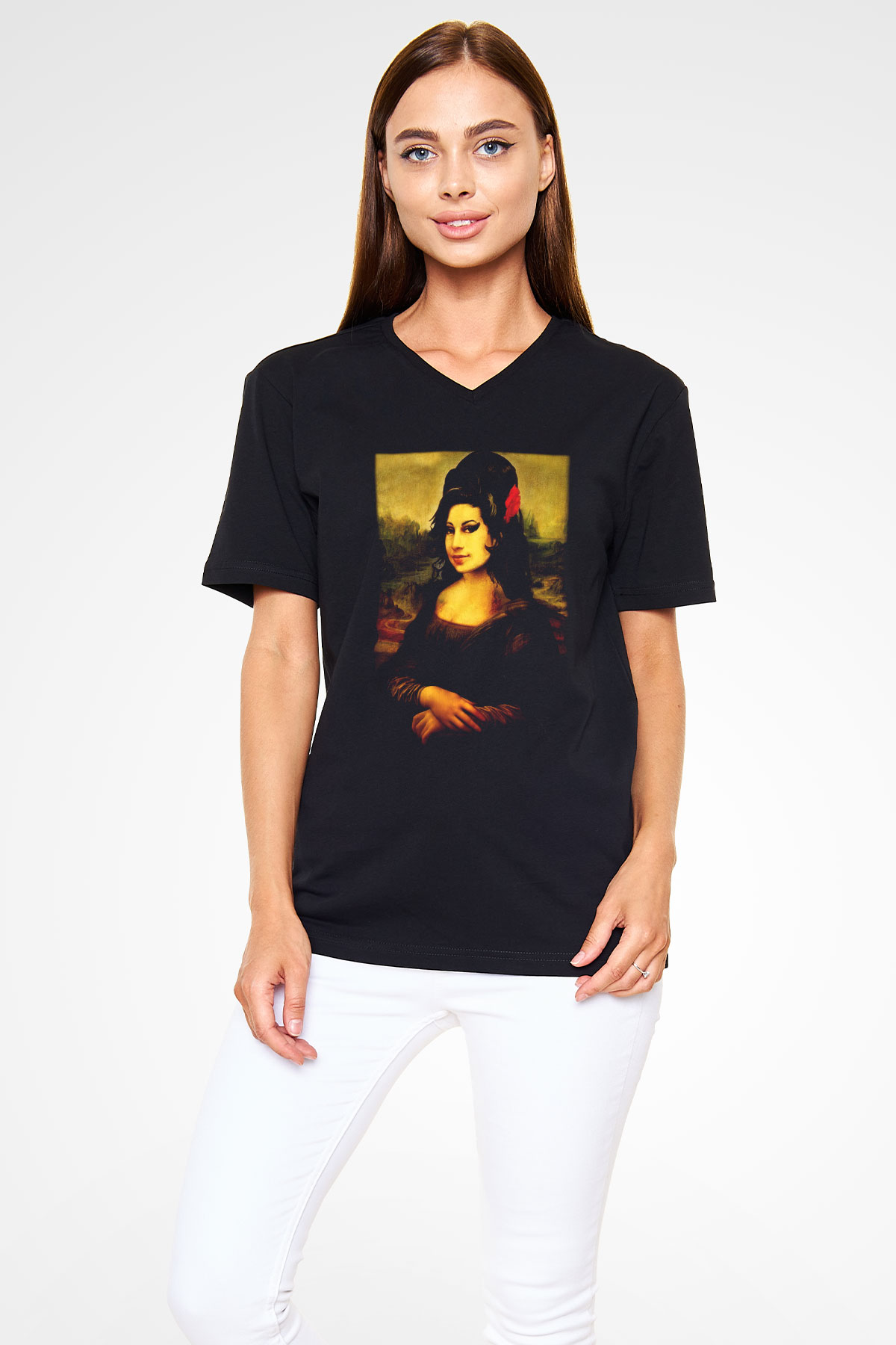 Amy Winehouse Siyah Unisex V Yaka Tişört T-Shirt