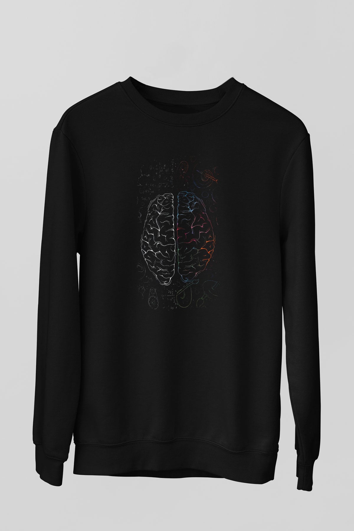 Analitik Ve Sezgisel Beyin Lobları Baskılı Unisex Siyah Sweatshirt