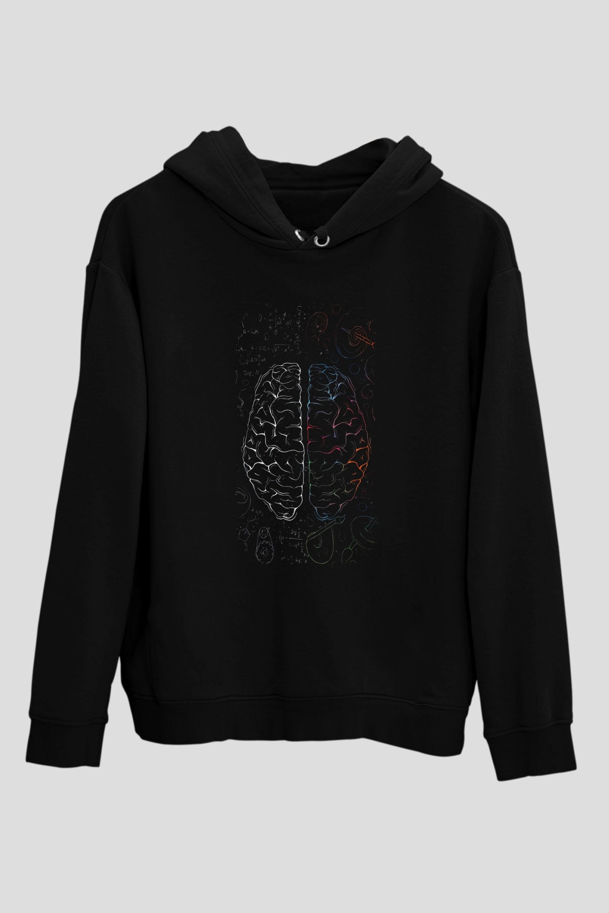 Analitik Ve Sezgisel Beyin Lobları Baskılı Unisex Siyah Hoodie