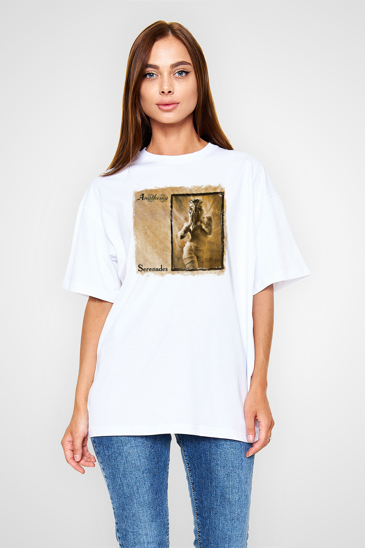 Anathema Baskılı Unisex Beyaz Oversize Tişört