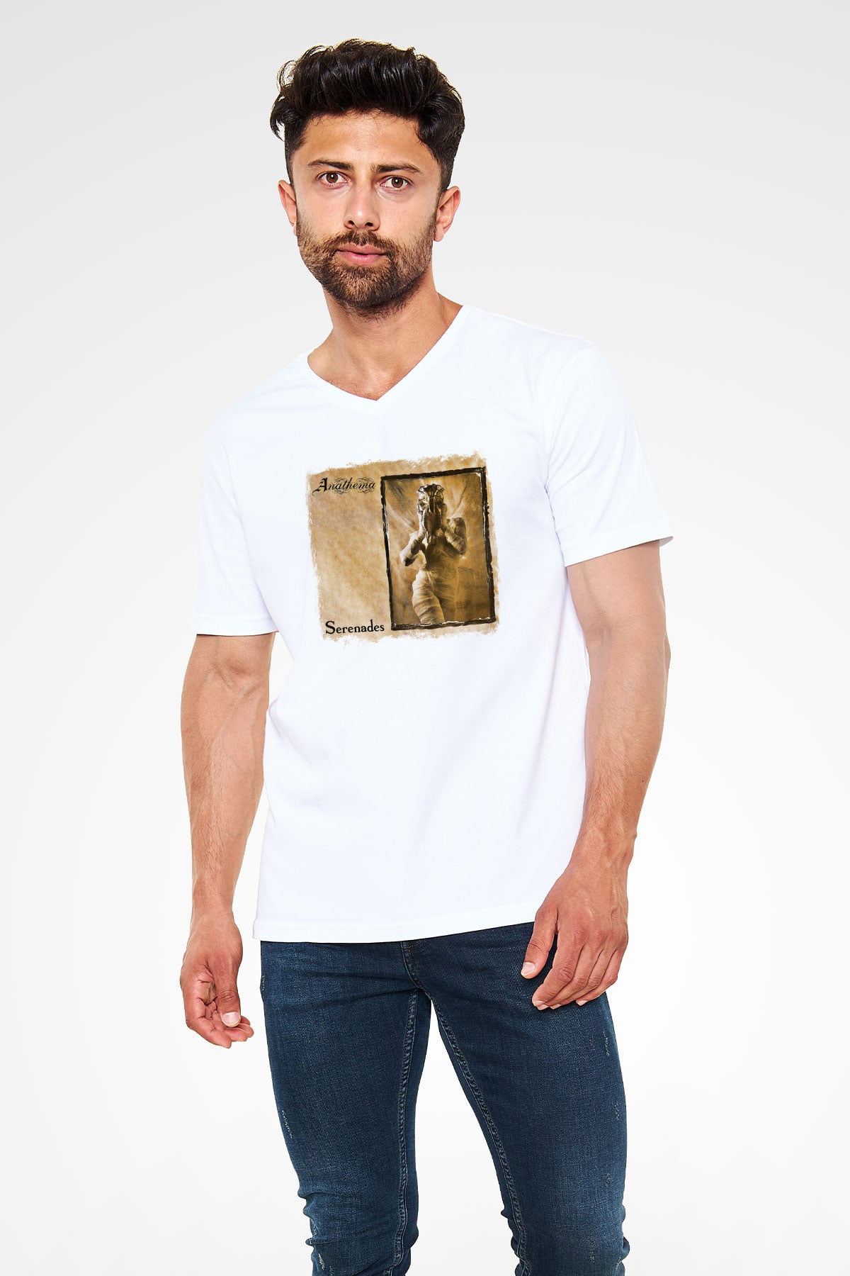 Anathema Baskılı Unisex Beyaz V Yaka Tişört