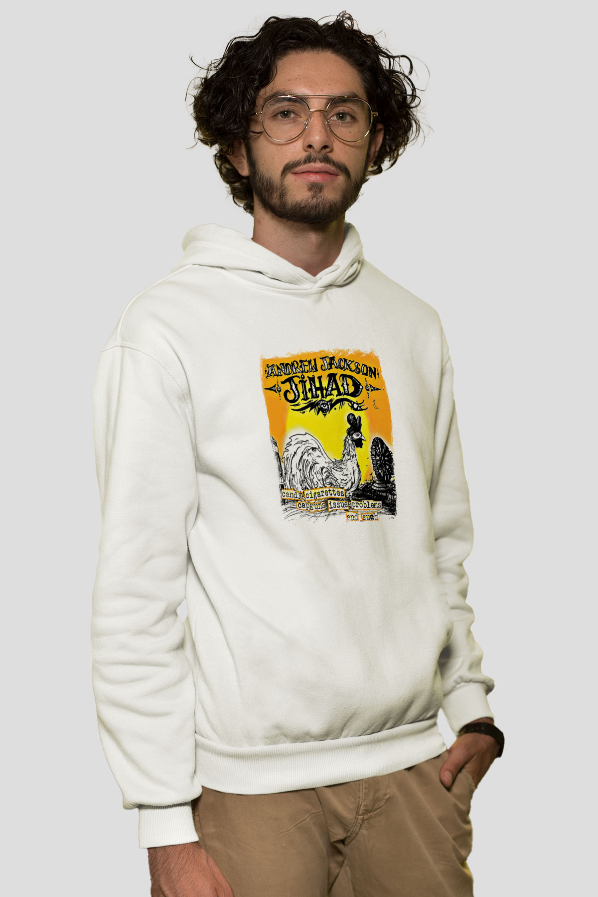 Andrew Jackson Jihad Baskılı Unisex Beyaz Hoodie