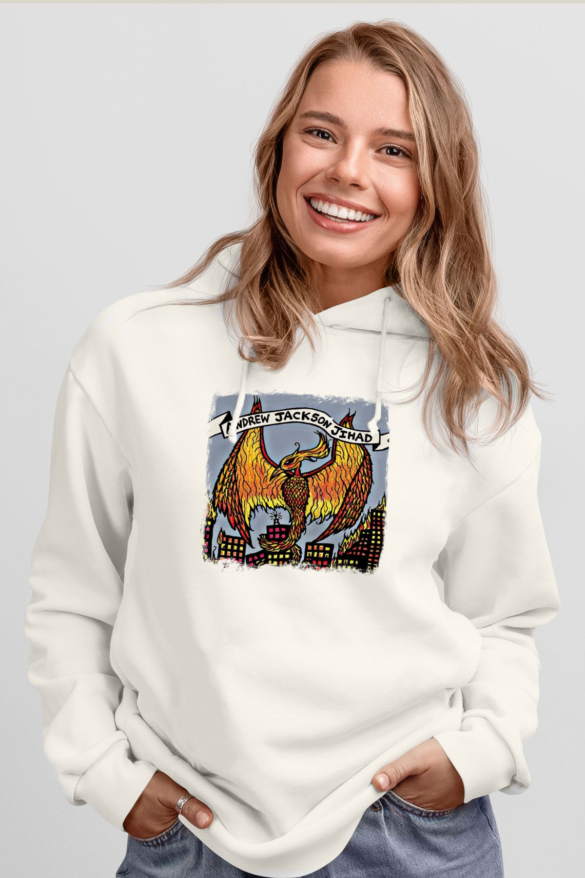 Andrew Jackson Jihad Baskılı Unisex Beyaz Hoodie