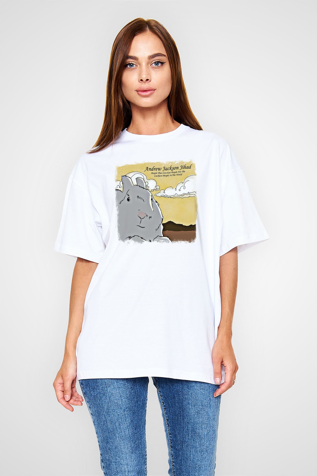 Andrew Jackson Jihad Baskılı Unisex Beyaz Oversize Tişört