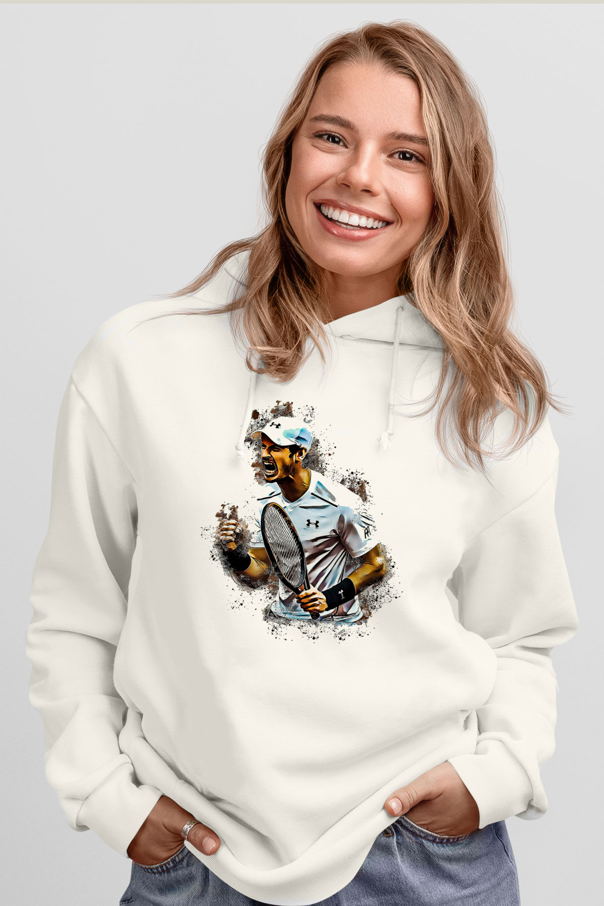 Andy Murray Baskılı Beyaz Unisex Kapüşonlu Sweatshirt