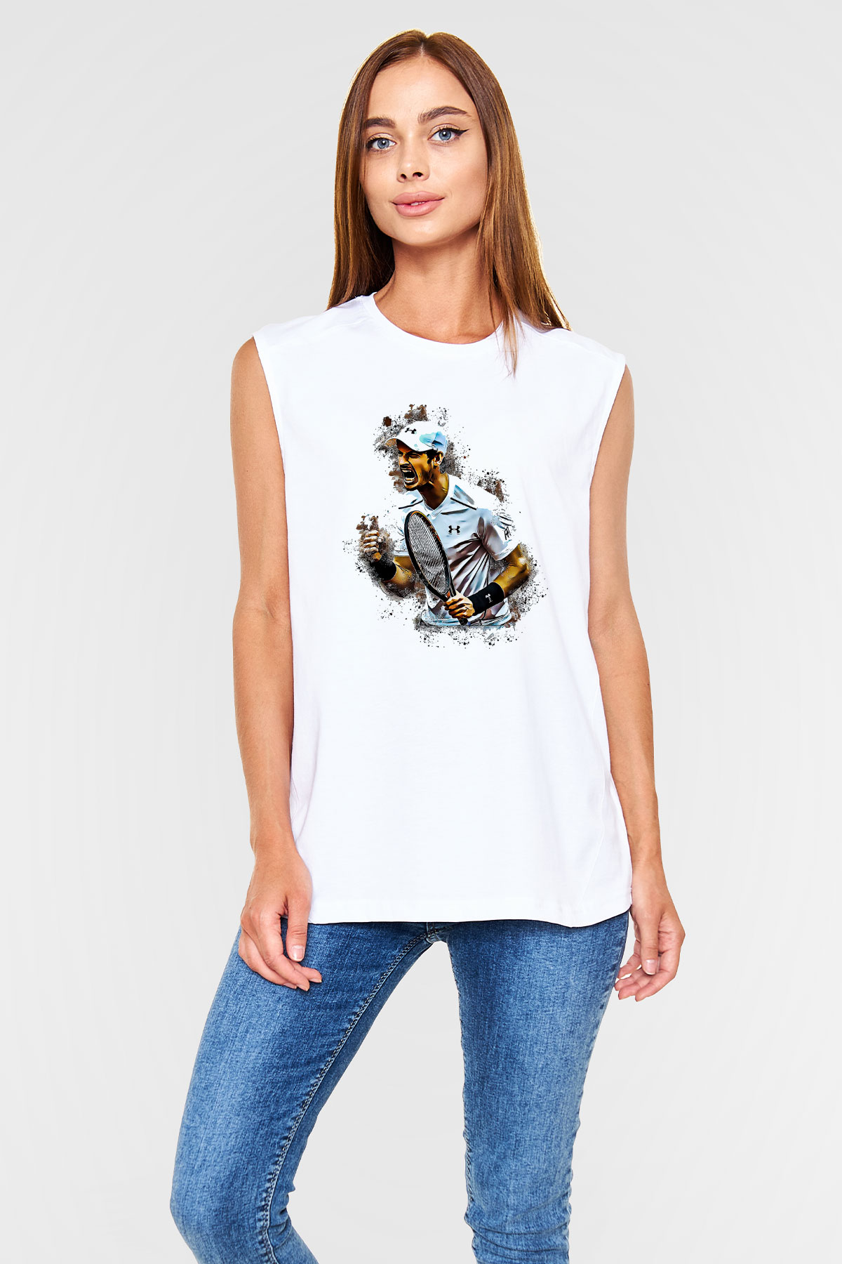 Andy Murray Baskılı Beyaz Unisex Kolsuz Tişört - Tshirt