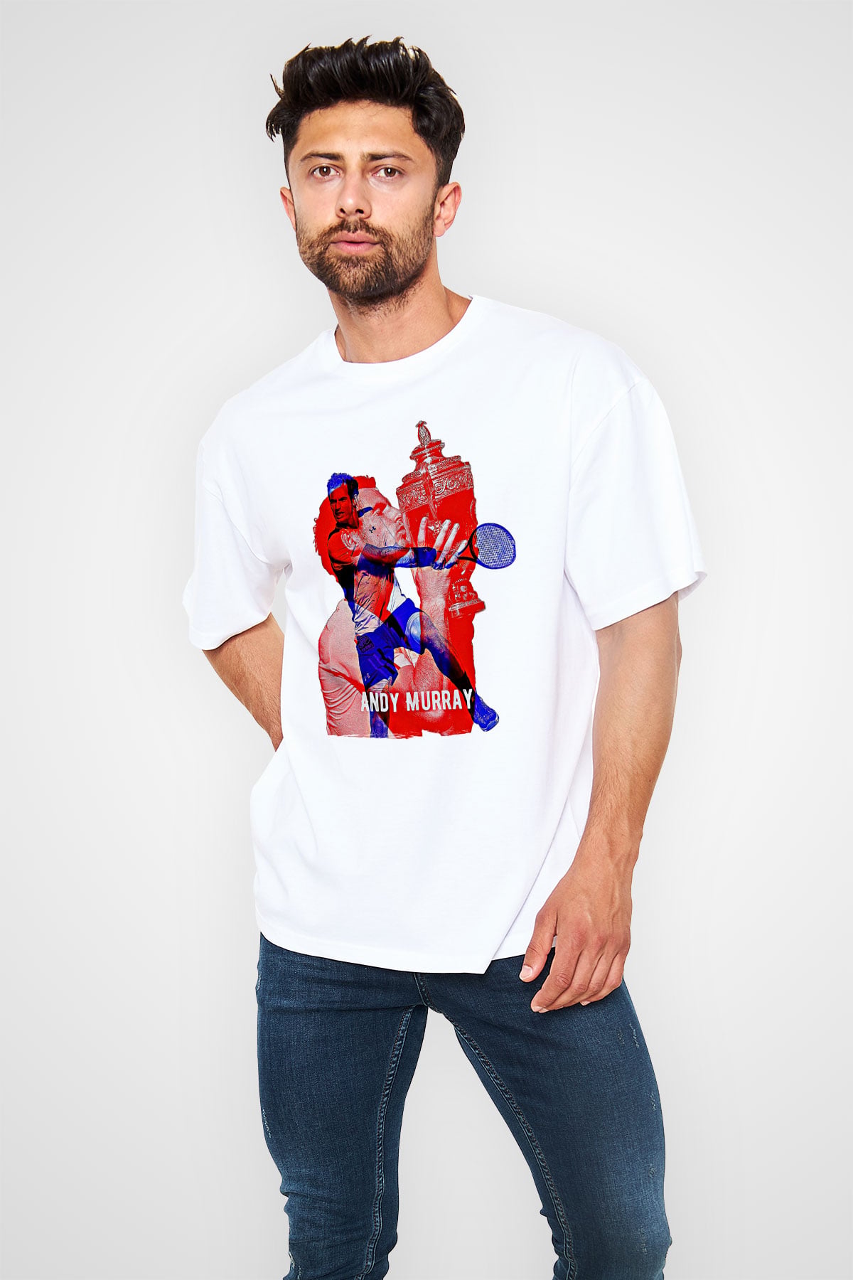 Andy Murray Baskılı Beyaz Unisex Oversize Tişört - Tshirt