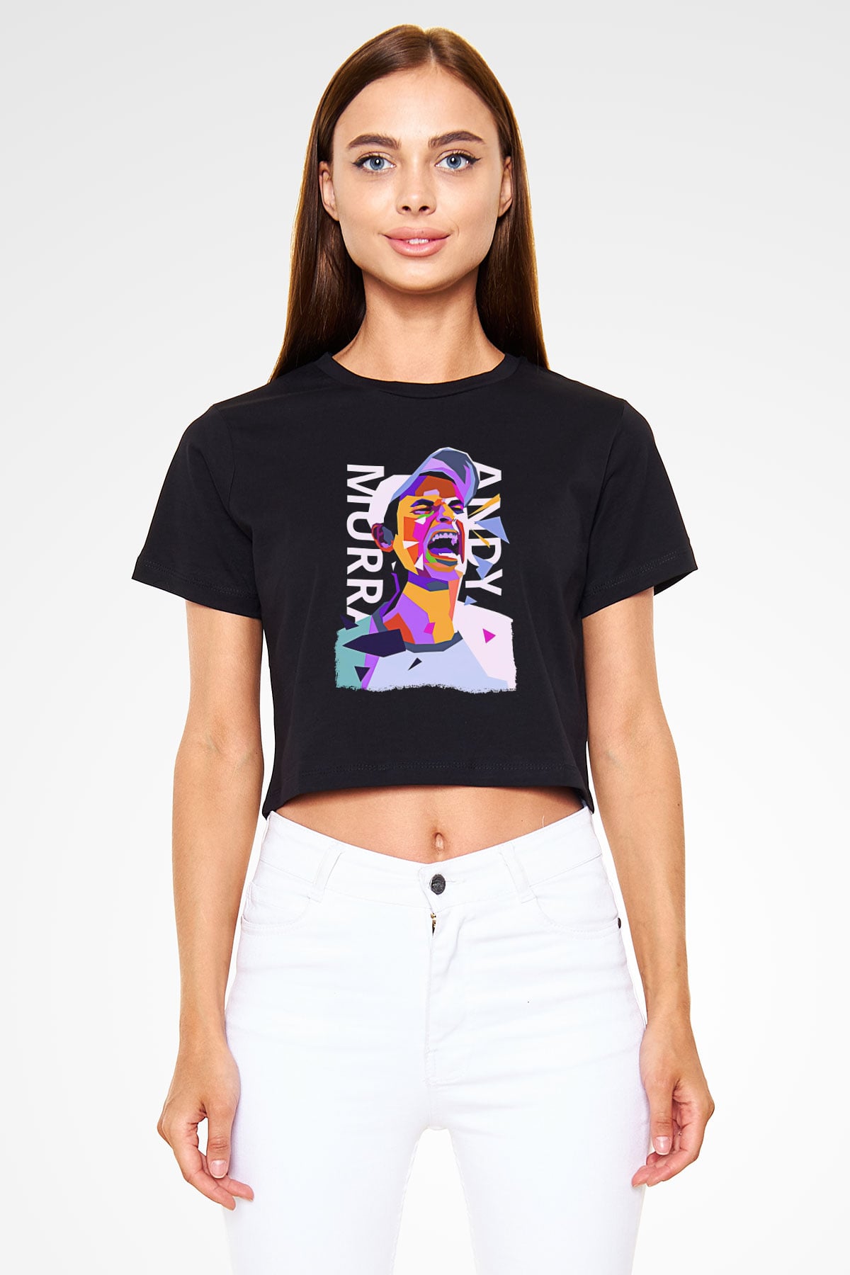 Andy Murray Baskılı Siyah Crop Top Kadın Tişört - Tshirt