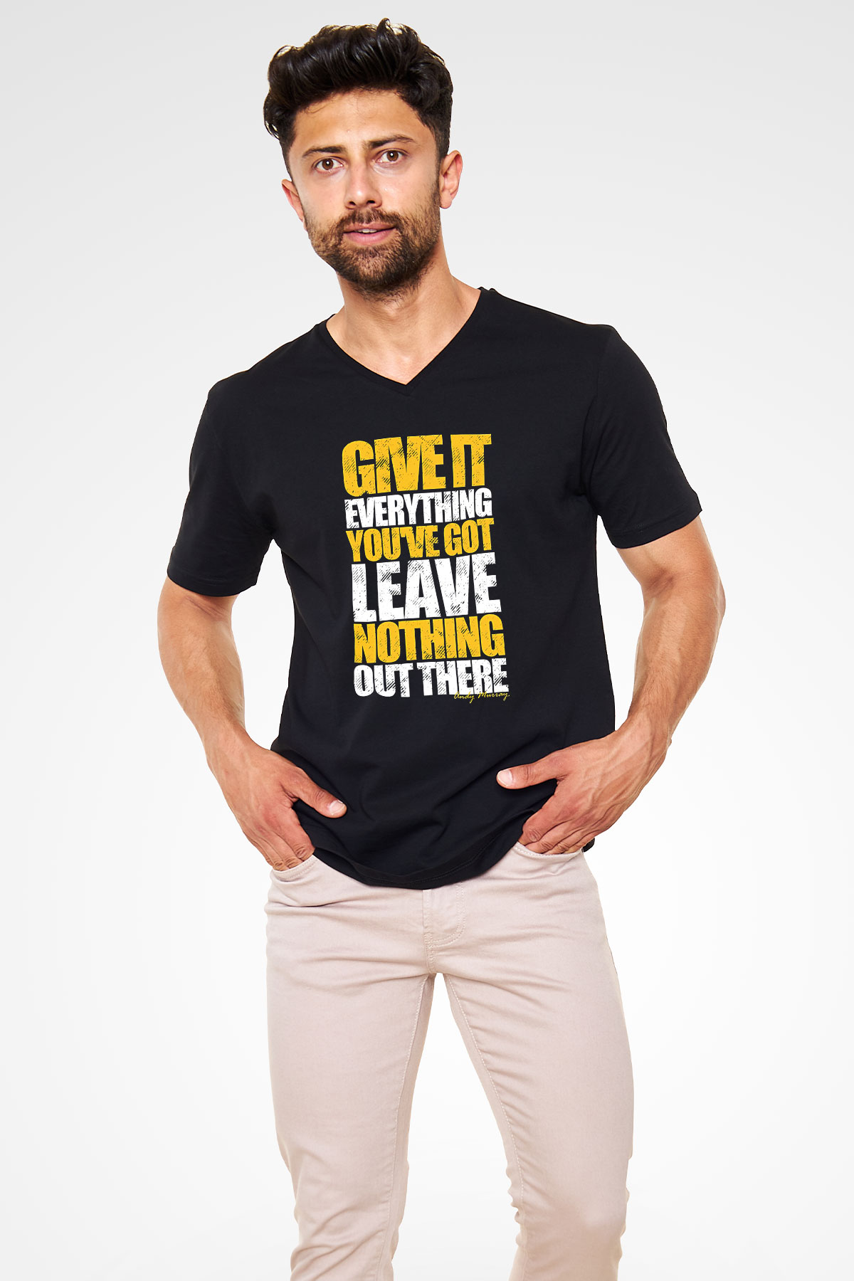 Andy Murray Baskılı Unisex Siyah V Yaka Tişört - Tshirt