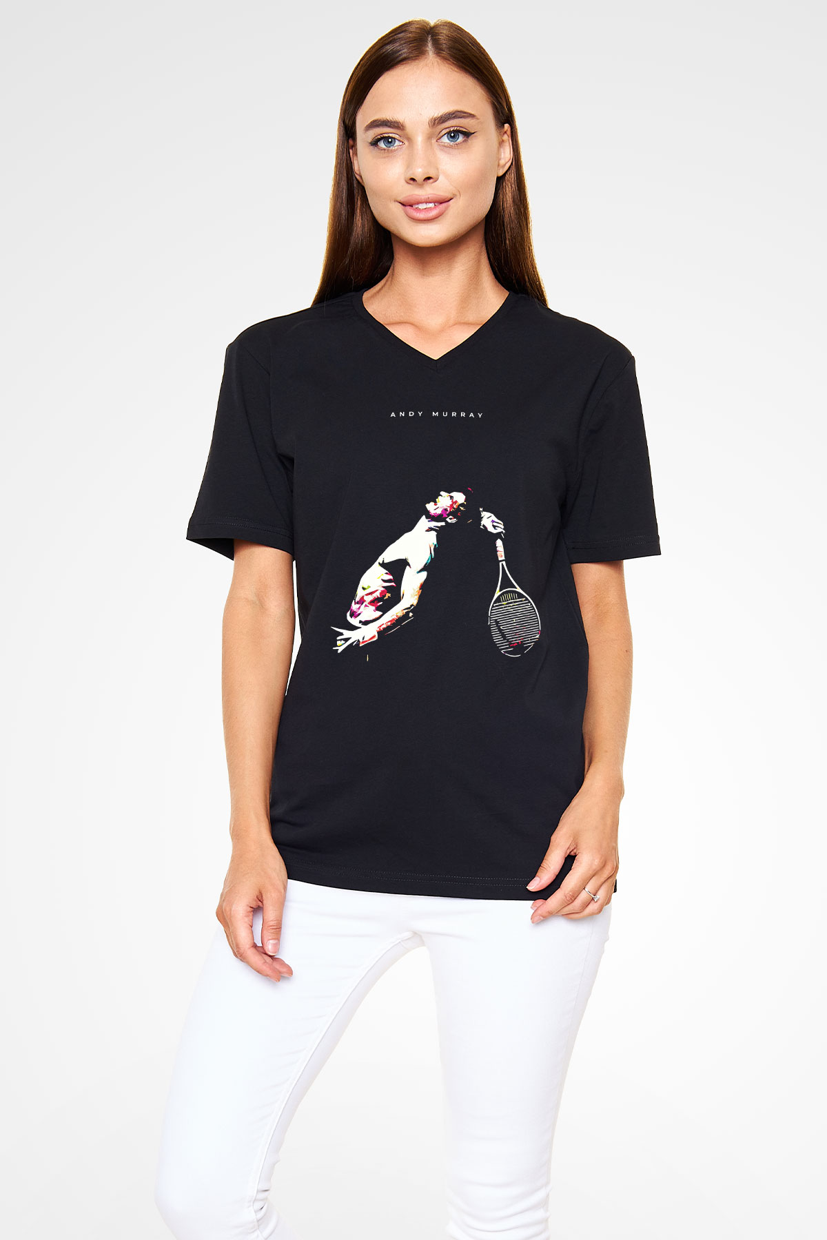 Andy Murray Baskılı Unisex Siyah V Yaka Tişört - Tshirt