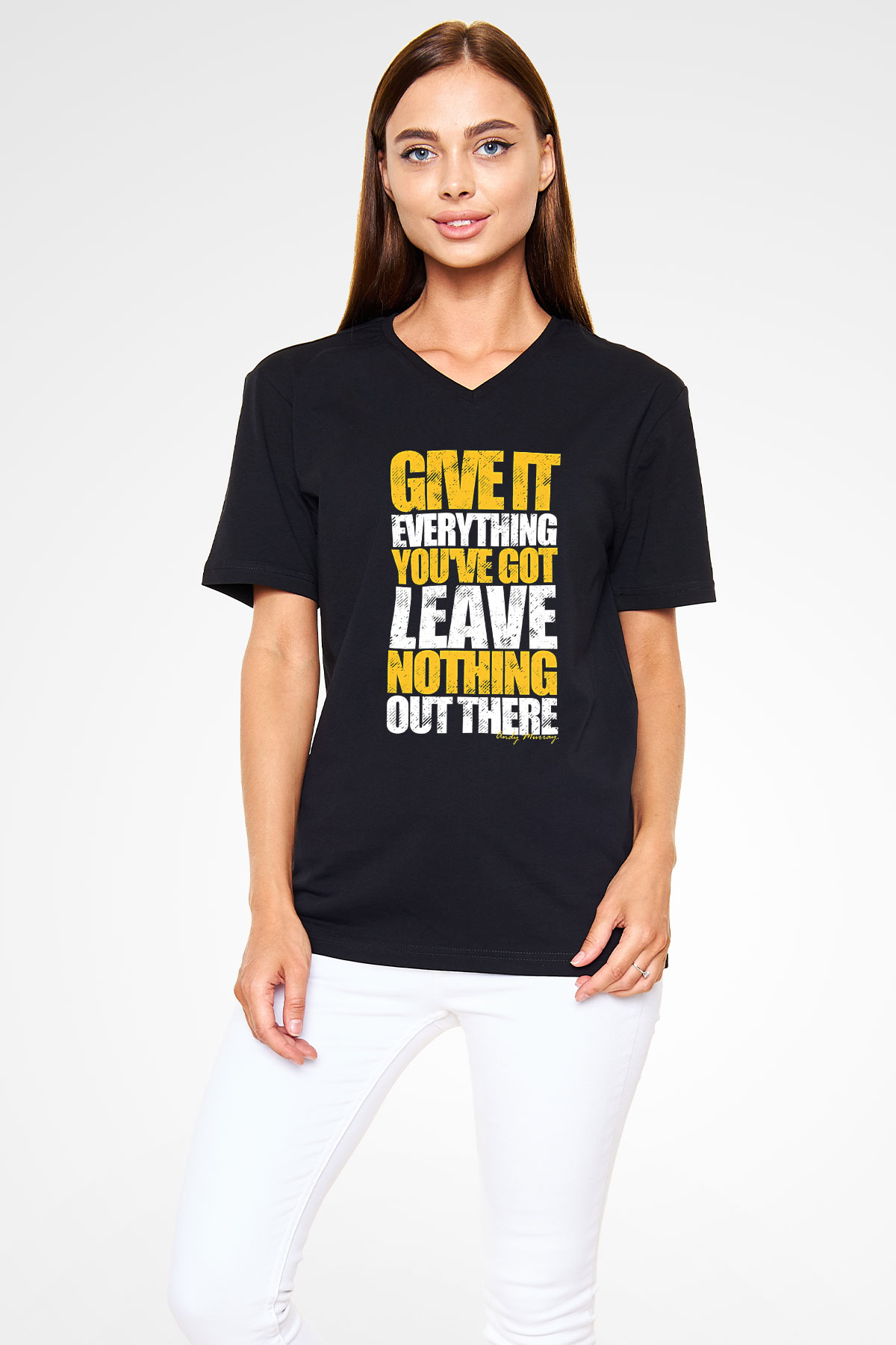 Andy Murray Baskılı Unisex Siyah V Yaka Tişört - Tshirt