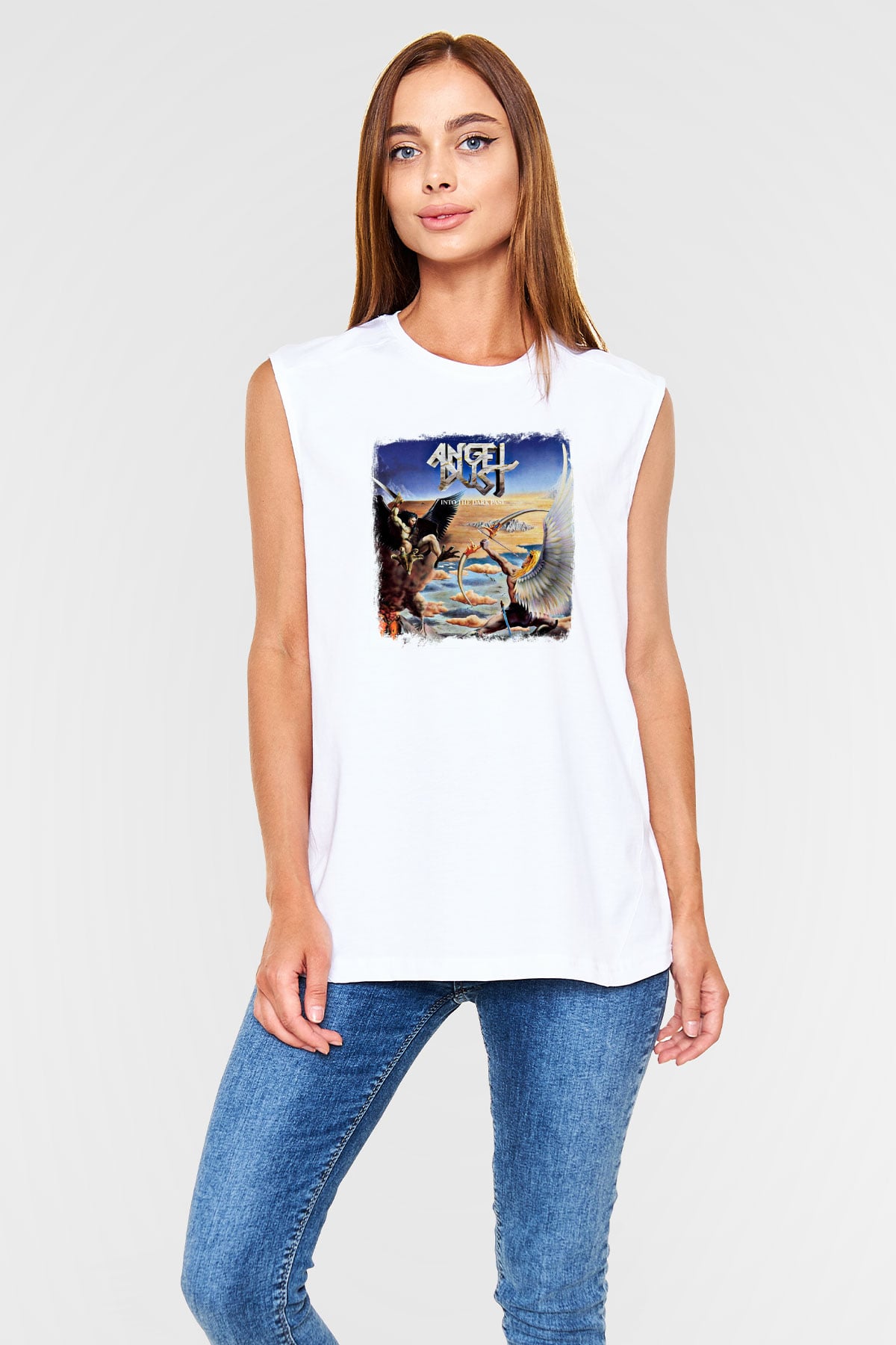 Angel Dust Baskılı Unisex Beyaz Kolsuz Tişört