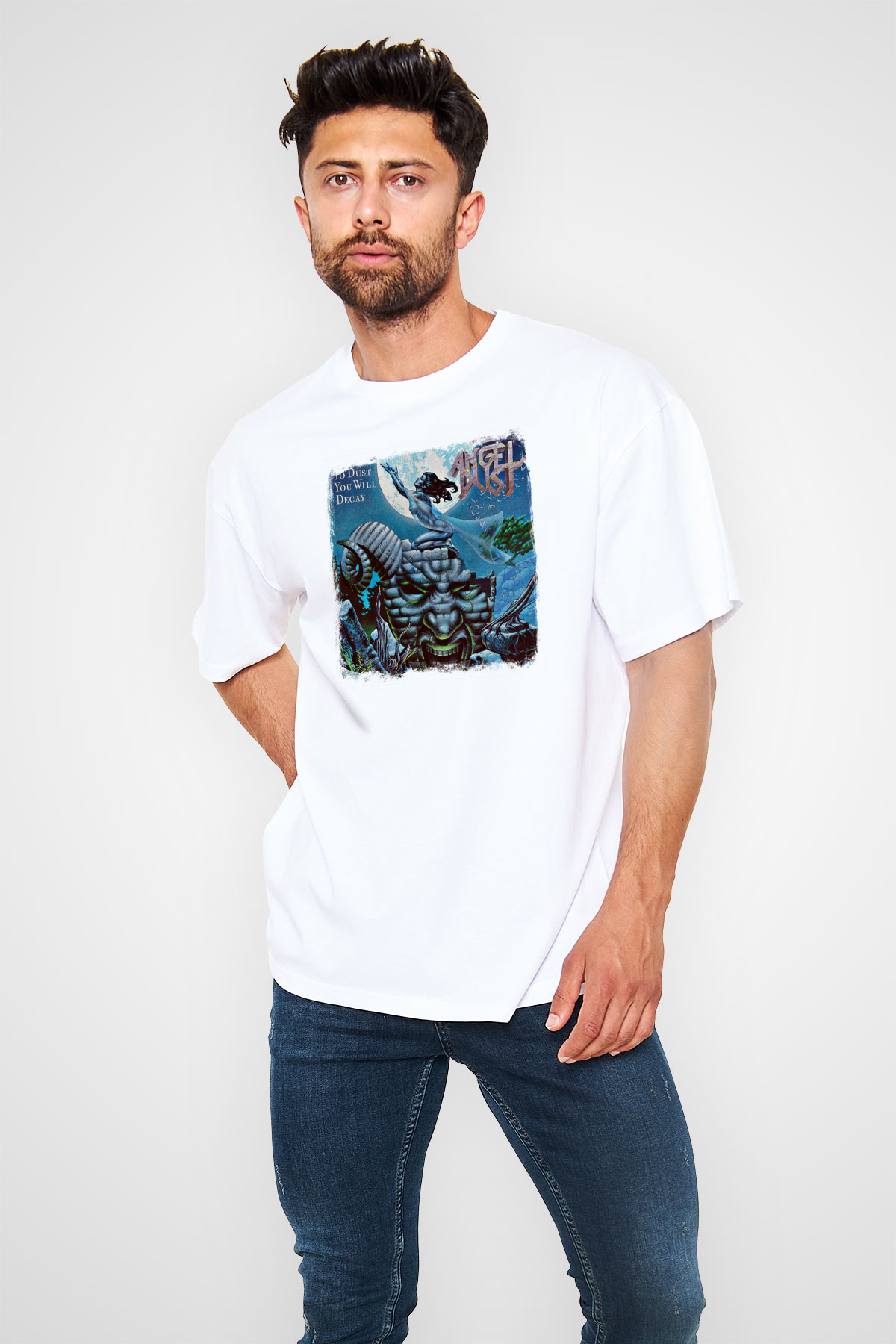 Angel Dust Baskılı Unisex Beyaz Oversize Tişört
