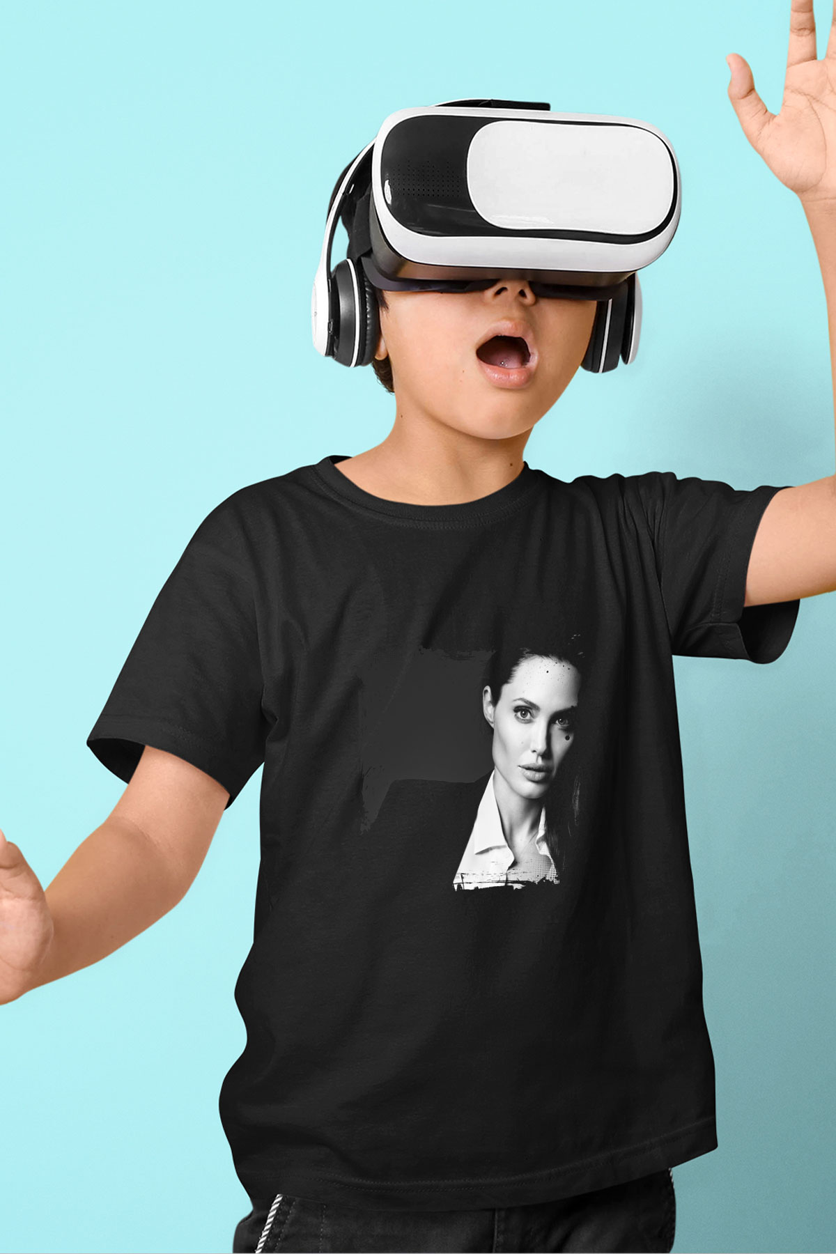 Angelina Jolie Baskılı Unisex Siyah Çocuk Tişört