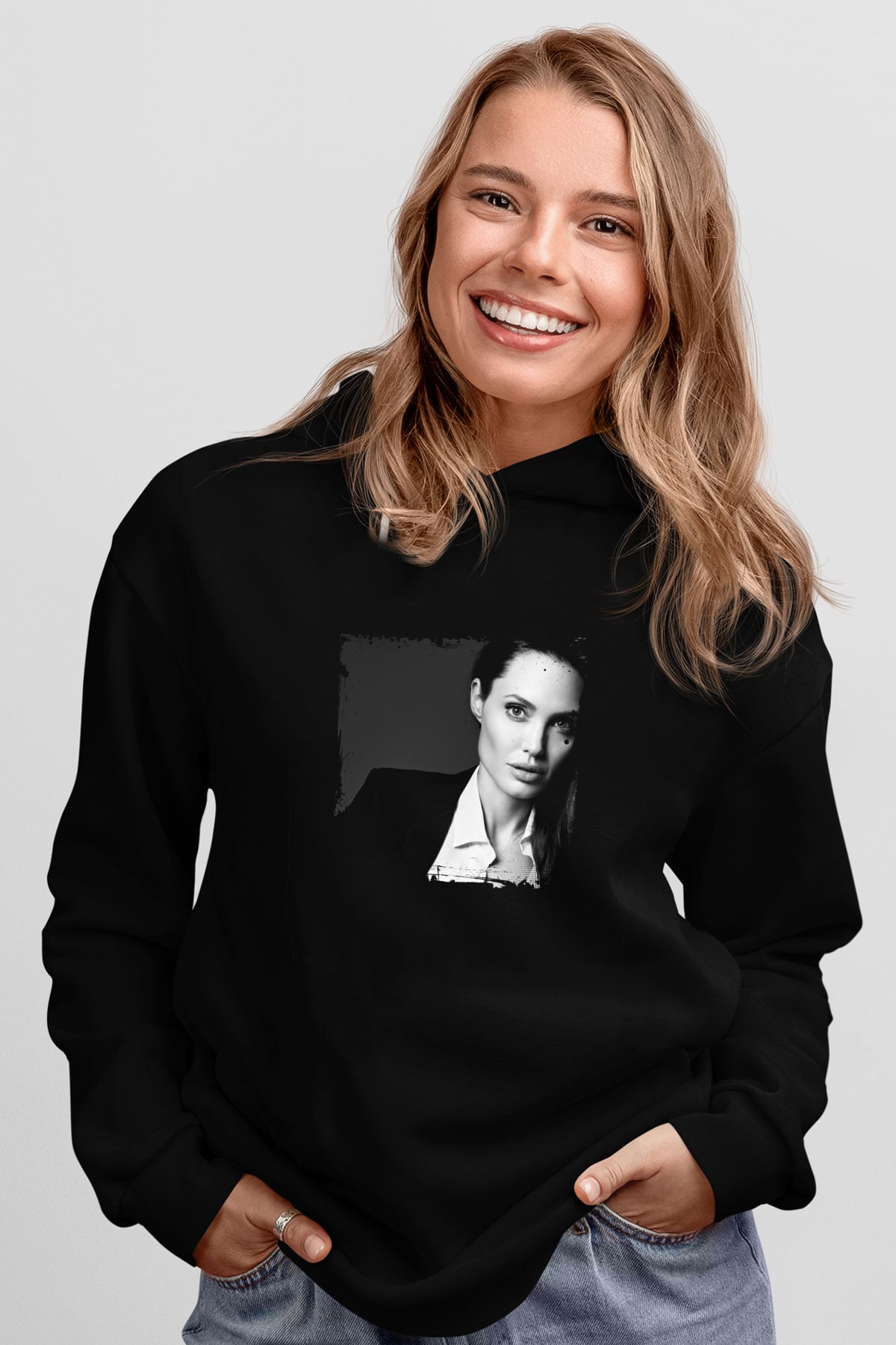 Angelina Jolie Baskılı Unisex Siyah Hoodie
