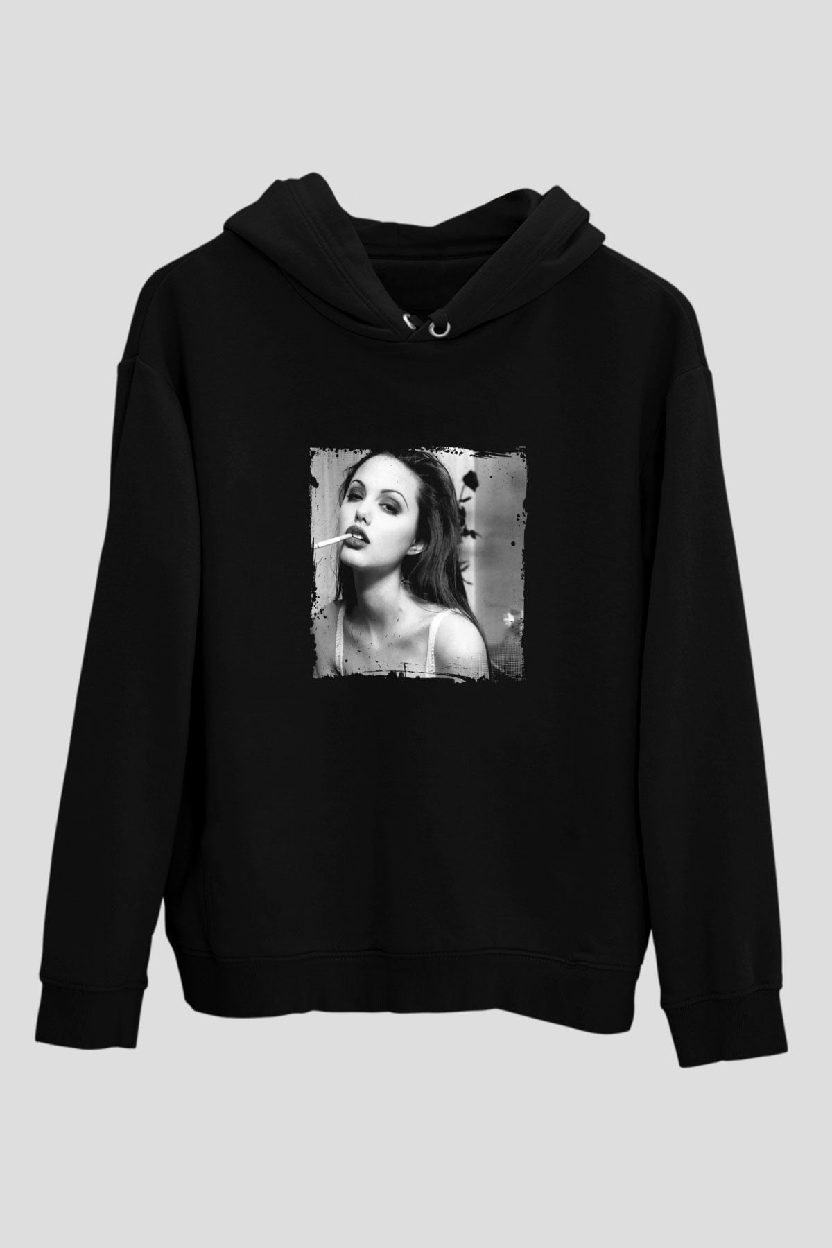 Angelina Jolie Baskılı Unisex Siyah Hoodie
