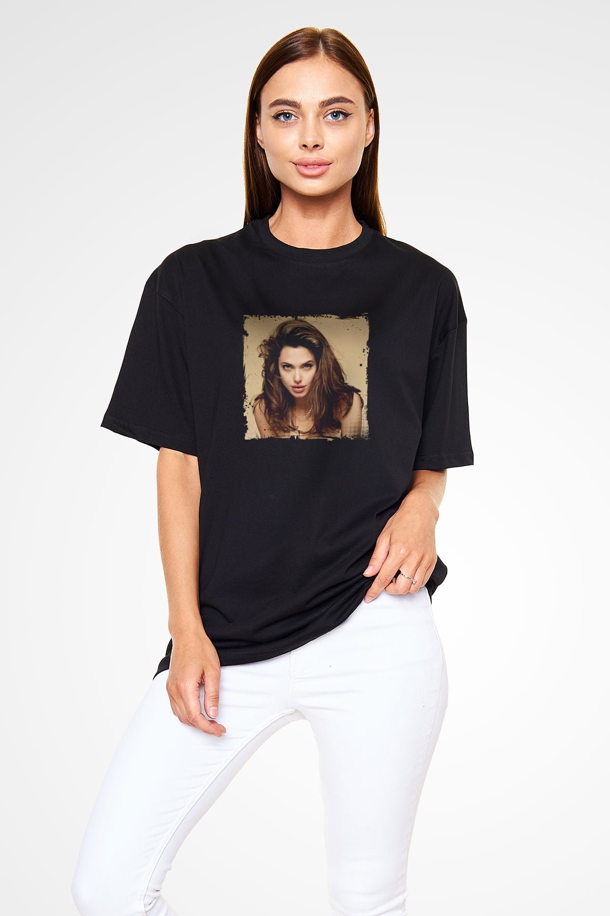 Angelina Jolie Baskılı Unisex Siyah Oversize Tişört