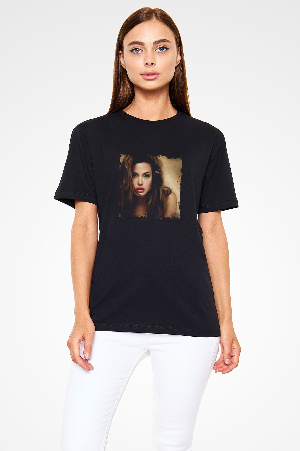 Angelina Jolie Baskılı Unisex Siyah Tişört
