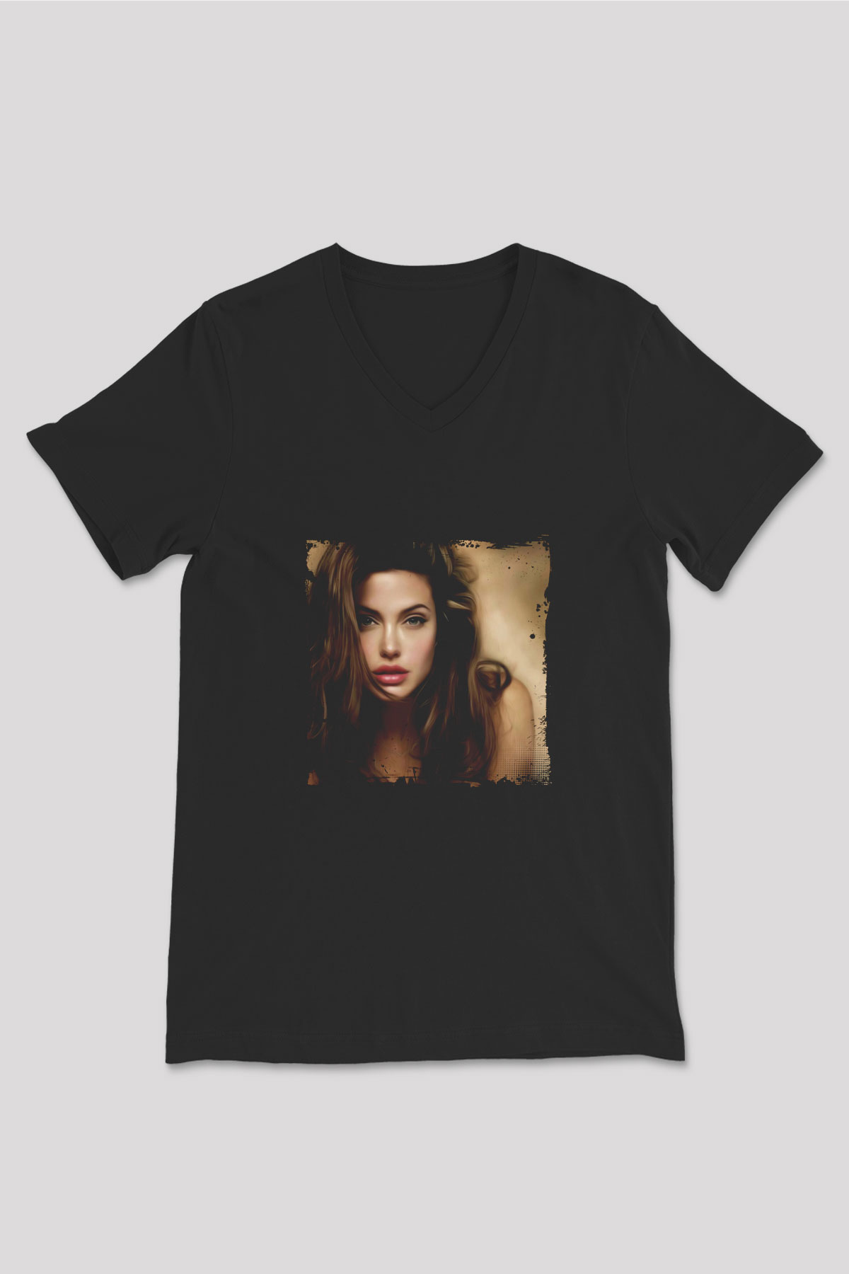 Angelina Jolie Baskılı Unisex Siyah V Yaka Tişört