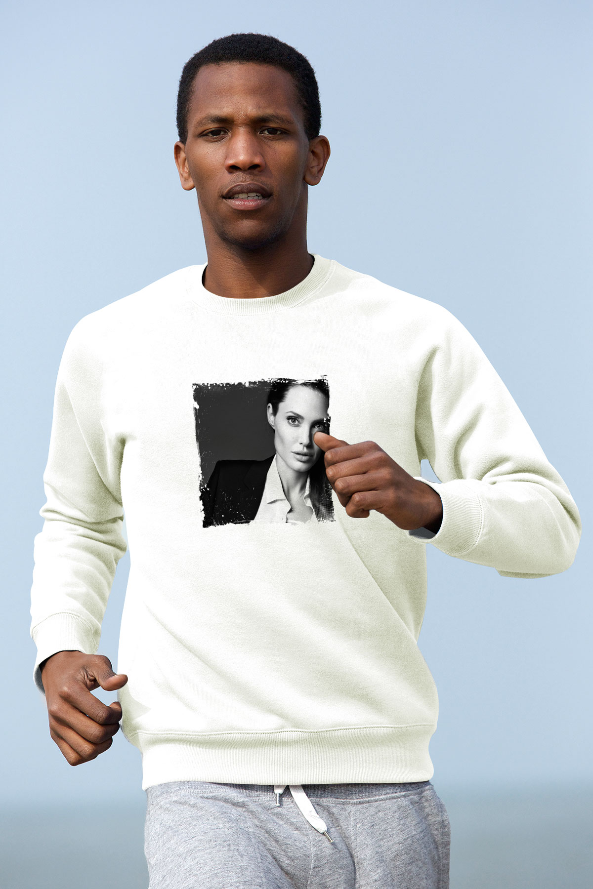 Angelina Jolie Unisex Baskılı Beyaz Sweatshirt