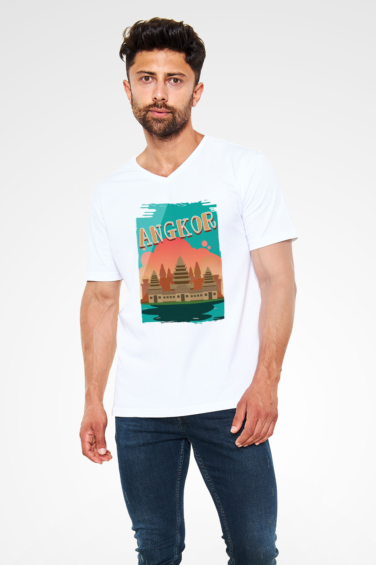 Angkor Vat Beyaz Unisex V Yaka Tişört