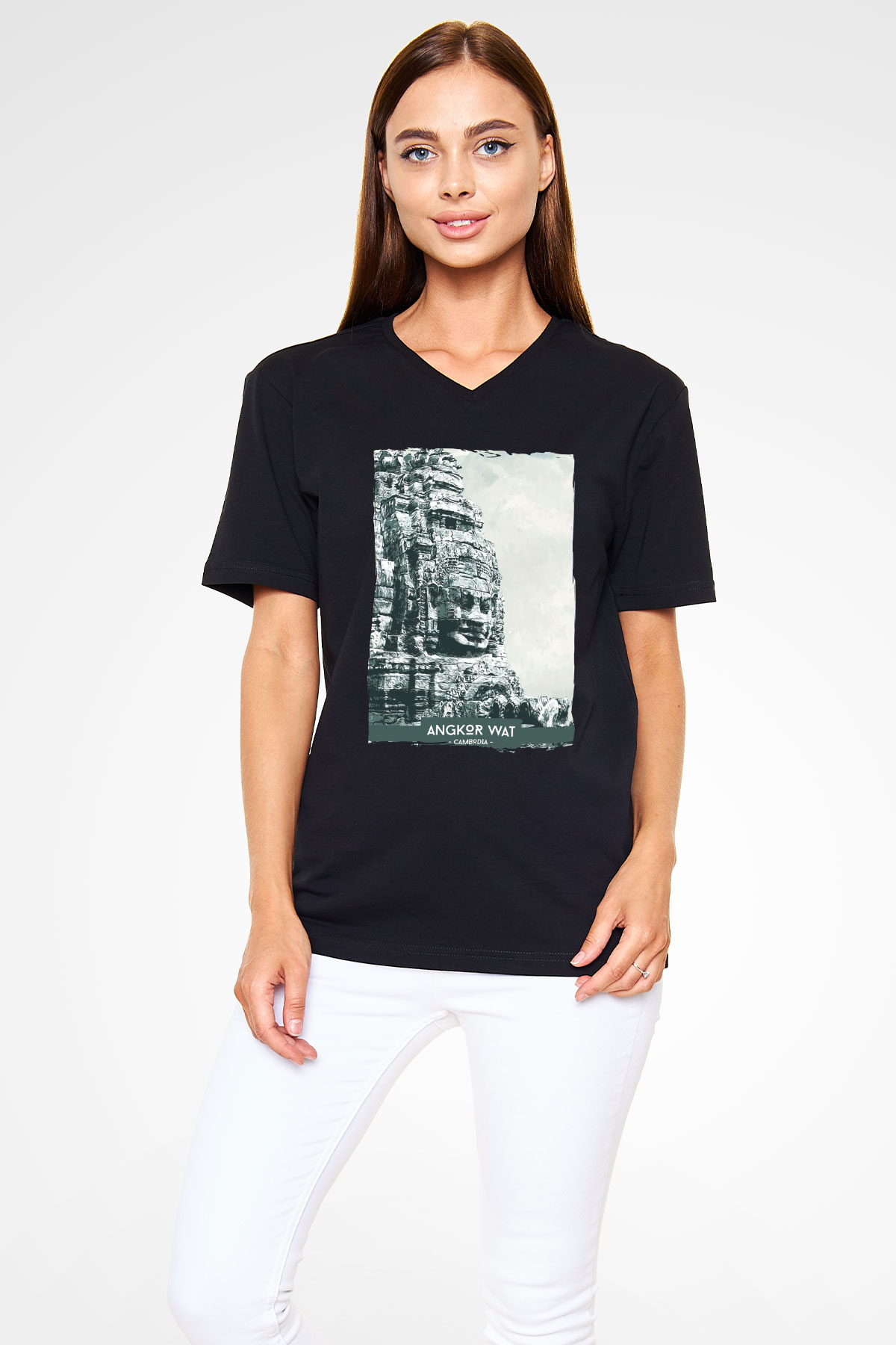 Angkor Vat Siyah Unisex V Yaka Tişört