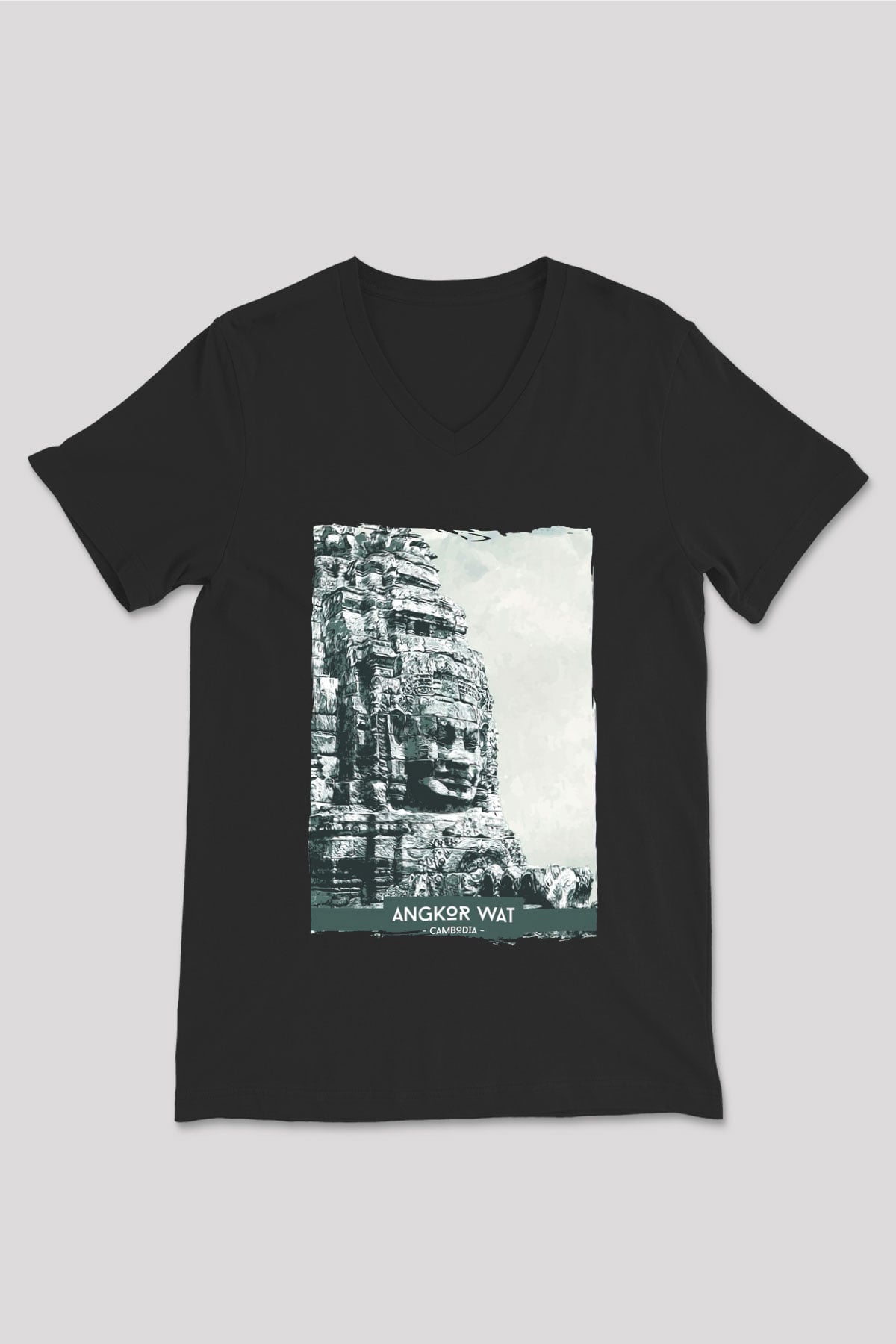 Angkor Vat Siyah Unisex V Yaka Tişört