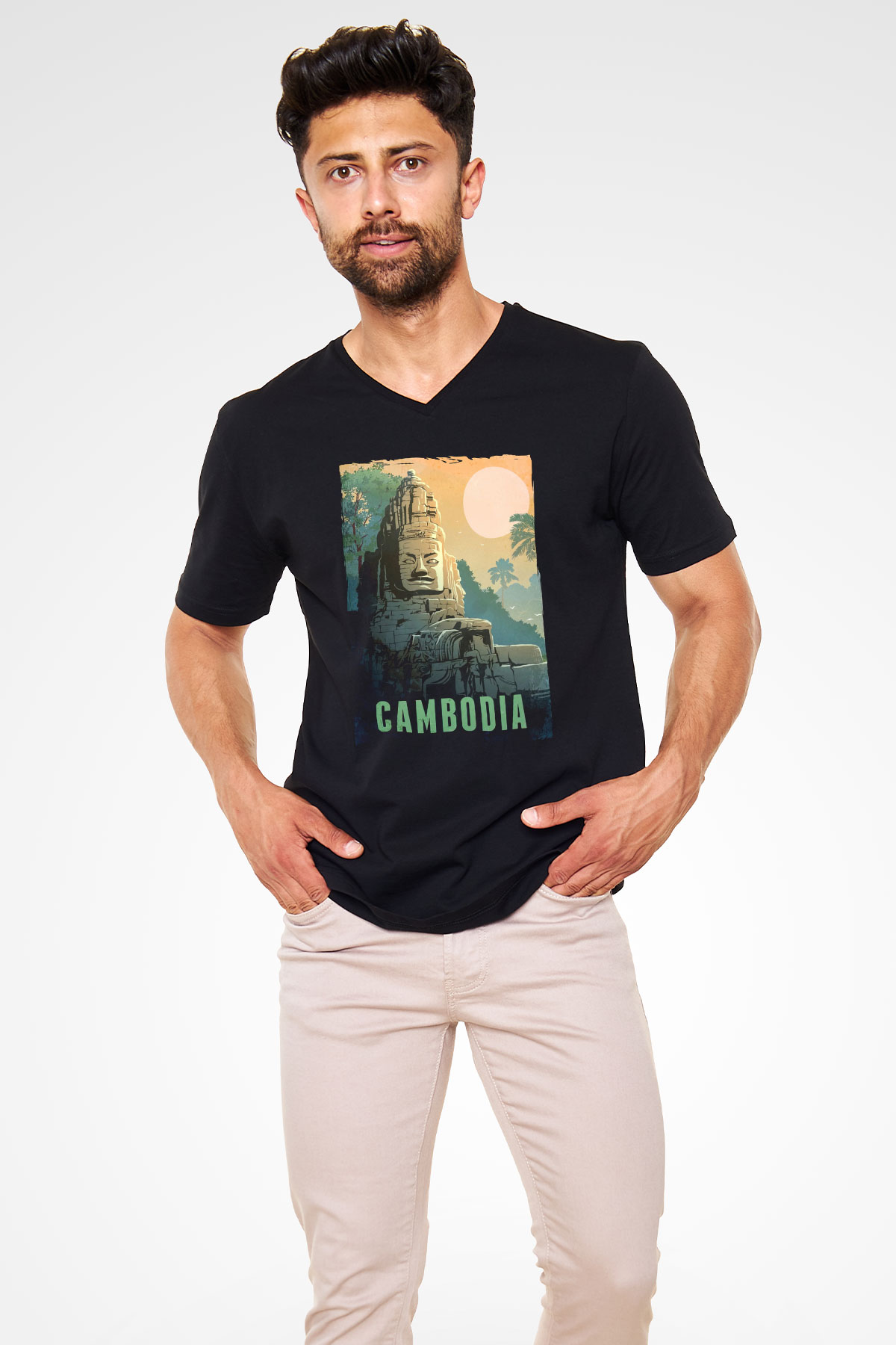 Angkor Vat Siyah Unisex V Yaka Tişört