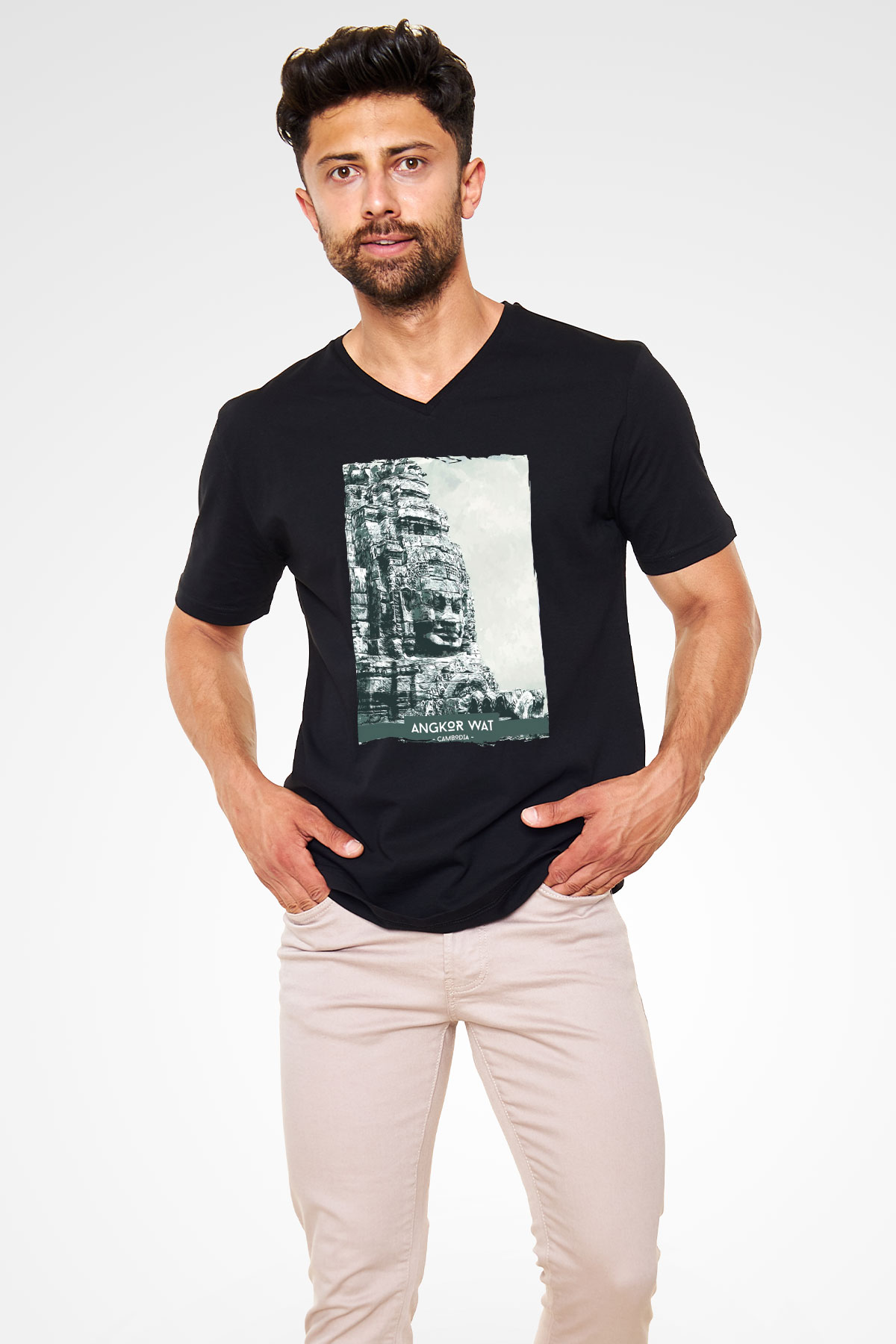 Angkor Vat Siyah Unisex V Yaka Tişört