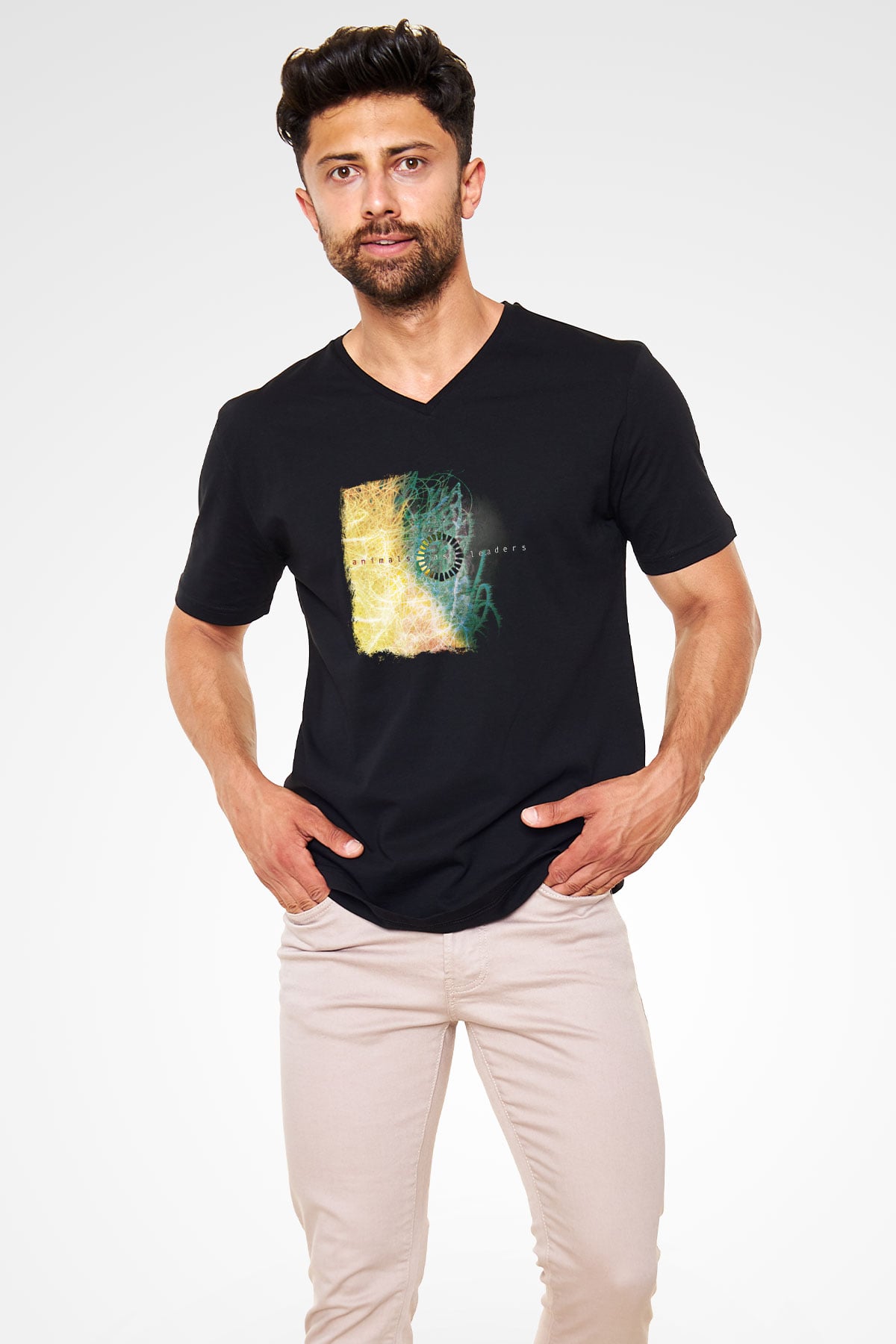 Animals as Leaders Baskılı Unisex Siyah V Yaka Tişört
